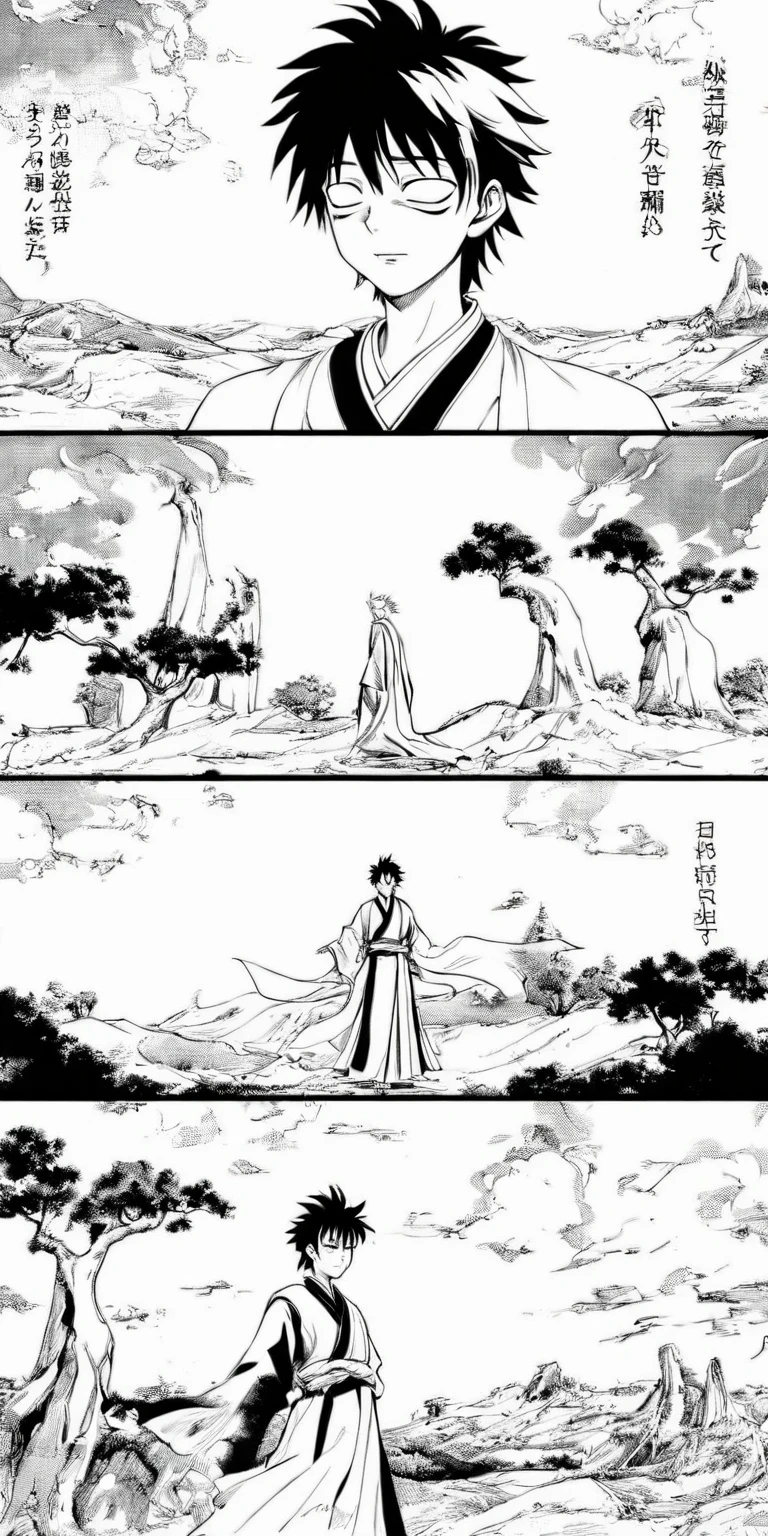 Line draft,black and white,white ground,monichrome,lineart, Sun Wukong, clad in traditional attire, solemnly bids farewell to the tombstone of his master Akira Toriyama on a hill. The sorrowful expression on his face echoes the melancholic atmosphere. The tombstone, a symbol of honor, stands prominently before him. The background exudes a sense of height and power with scattered trees adding depth. Shape-shifting clouds in the sky create an eerie aura. This poignant scene, reminiscent of award-winning comic book styles like Naoki Urasawa, captures the Monkey King in a desolate landscape. The black and white scheme enhances the drama and history, blending antiquity with emotion.