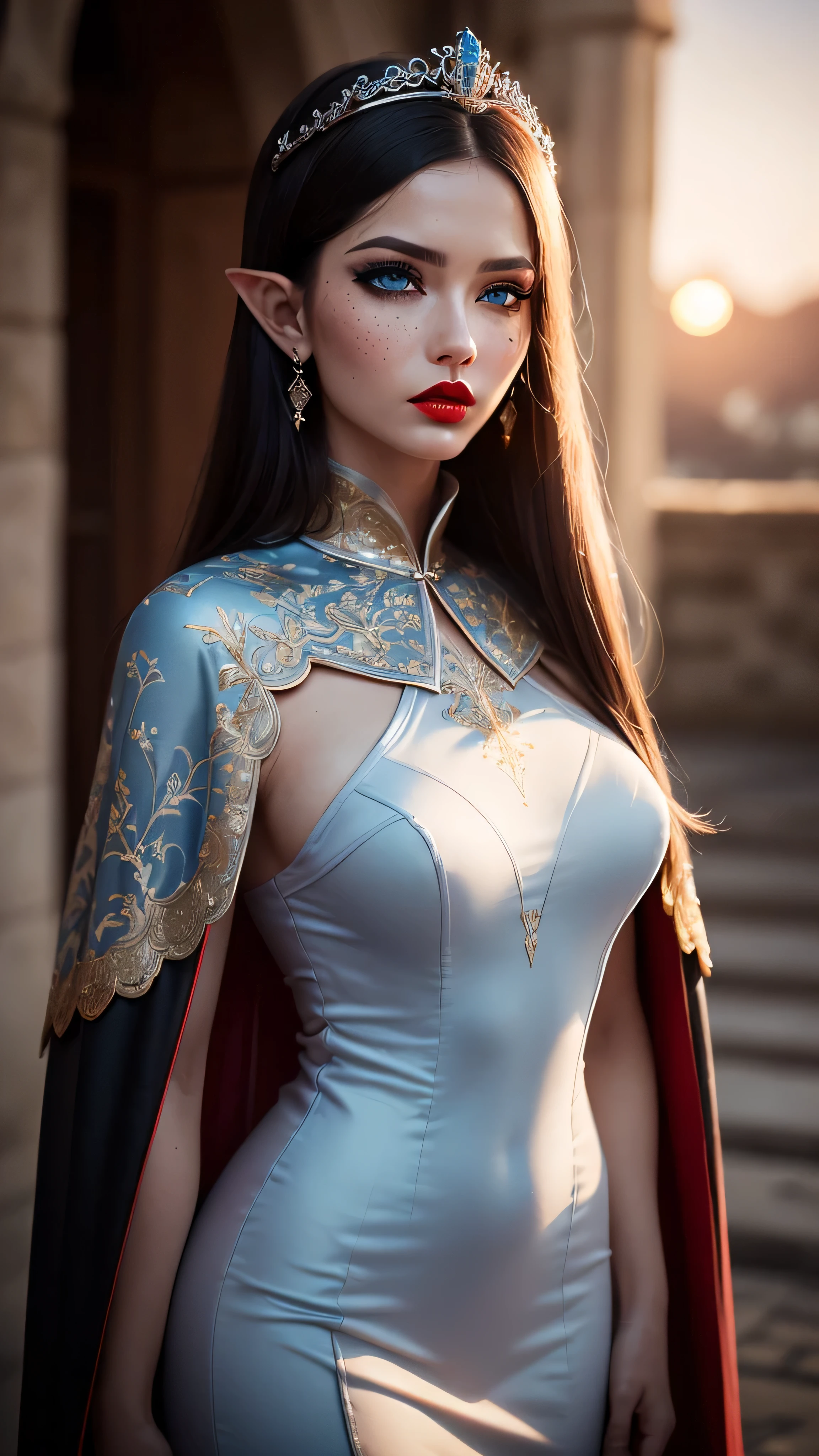 (masterpiece), (extremely intricate:1.0), (realistic), portrait of a muscular girl, ((((detailed mature 40year elven woman, ((blackout eye makeup, red lips, strong square cleft chin, arrogant, [small breasts:large breasts:0.3]), tiara, clear blue eyes, modest high neckline dress, chinoiserie cape, long straight dark hair), high collar))), freckles: 1.0), metal reflections, upper body, outdoors, intense sunlight, far away castle, professional photograph of a stunning woman detailed, sharp focus, dramatic, award winning, cinematic lighting, volumetrics dtx, (film grain, blurry background, blurry foreground, bokeh, depth of field, sunset, interaction), 8K