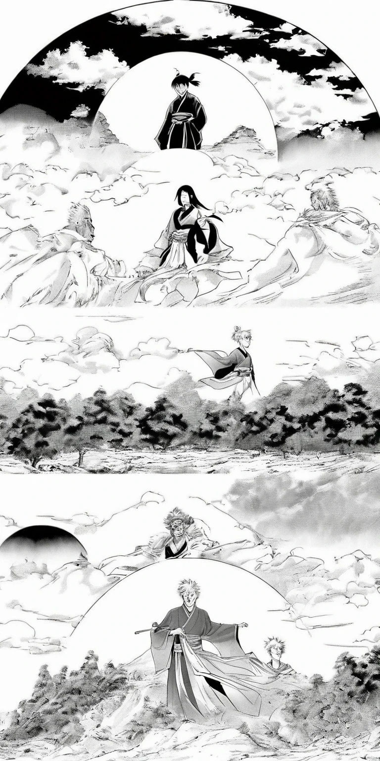 Line draft,black and white,white ground,monichrome,lineart, Sun Wukong, clad in traditional attire, solemnly bids farewell to the tombstone of his master Akira Toriyama on a hill. The sorrowful expression on his face echoes the melancholic atmosphere. The tombstone, a symbol of honor, stands prominently before him. The background exudes a sense of height and power with scattered trees adding depth. Shape-shifting clouds in the sky create an eerie aura. This poignant scene, reminiscent of award-winning comic book styles like Naoki Urasawa, captures the Monkey King in a desolate landscape. The black and white scheme enhances the drama and history, blending antiquity with emotion.