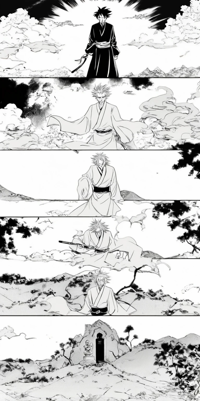 Line draft,black and white,white ground,monichrome,lineart, Sun Wukong, clad in traditional attire, solemnly bids farewell to the tombstone of his master Akira Toriyama on a hill. The sorrowful expression on his face echoes the melancholic atmosphere. The tombstone, a symbol of honor, stands prominently before him. The background exudes a sense of height and power with scattered trees adding depth. Shape-shifting clouds in the sky create an eerie aura. This poignant scene, reminiscent of award-winning comic book styles like Naoki Urasawa, captures the Monkey King in a desolate landscape. The black and white scheme enhances the drama and history, blending antiquity with emotion.