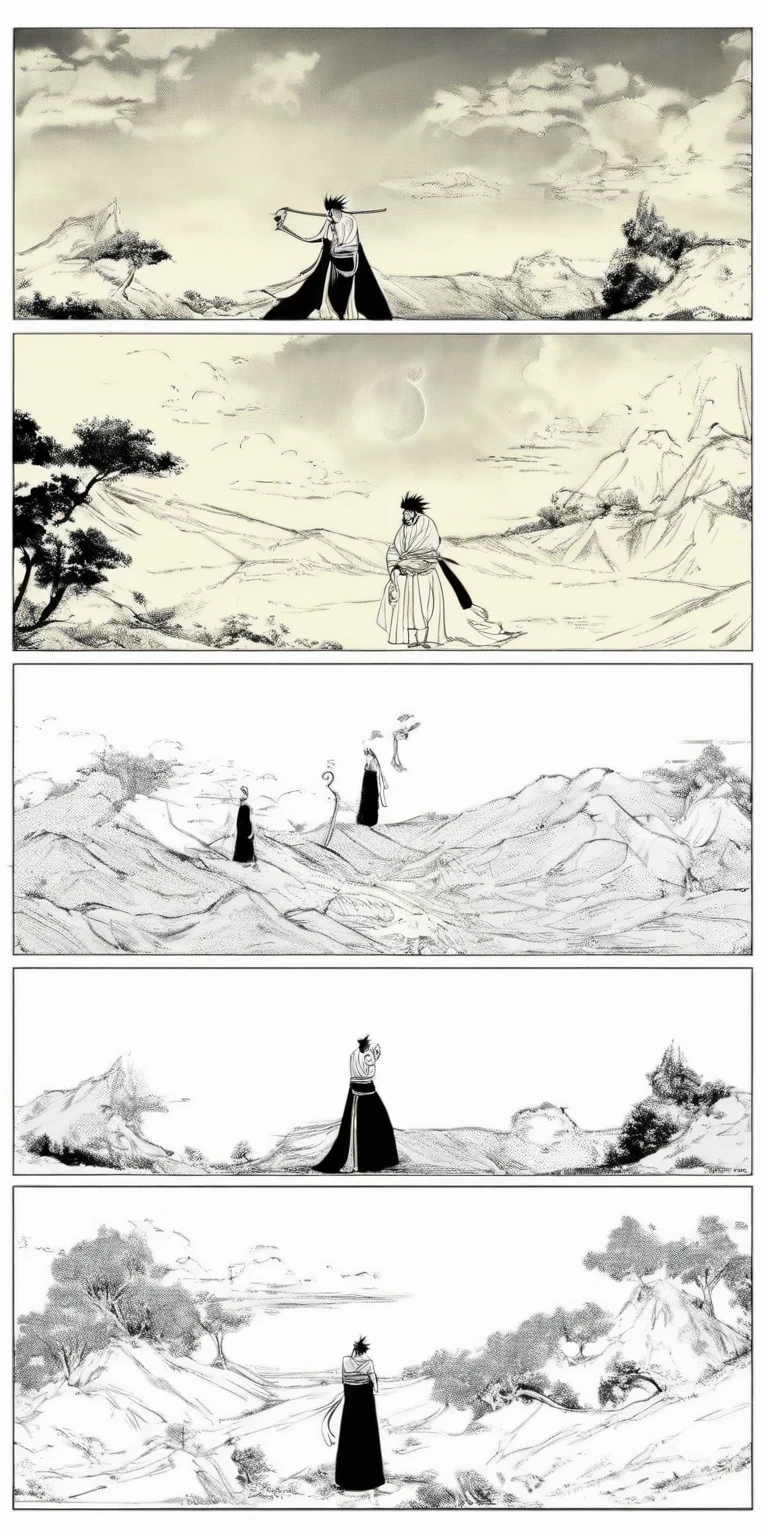 Line draft,black and white,white ground,monichrome,lineart, Sun Wukong, clad in traditional attire, solemnly bids farewell to the tombstone of his master Akira Toriyama on a hill. The sorrowful expression on his face echoes the melancholic atmosphere. The tombstone, a symbol of honor, stands prominently before him. The background exudes a sense of height and power with scattered trees adding depth. Shape-shifting clouds in the sky create an eerie aura. This poignant scene, reminiscent of award-winning comic book styles like Naoki Urasawa, captures the Monkey King in a desolate landscape. The black and white scheme enhances the drama and history, blending antiquity with emotion.
