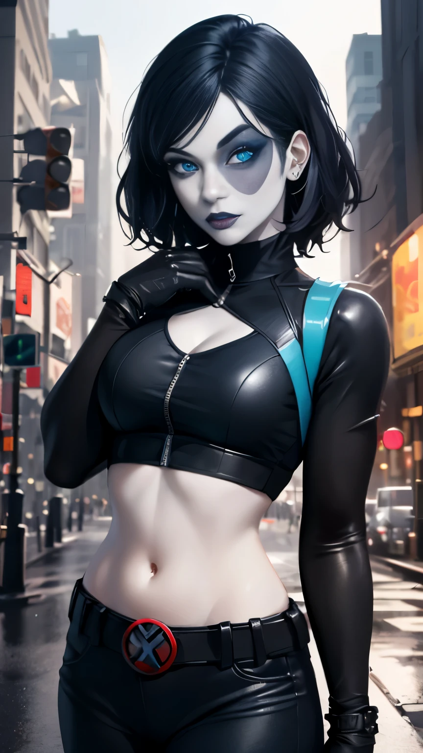 (Highly quality, masterpiece, detailed), city detailed scenario, city detailed background, solo, 1 woman, black hair, white hair highlight, marveldomino, colored skin, makeup, leather cropped top, sleeves, gloves, belt, belly button piercing, bite her lips, blue eyes beautiful eyes, look at the viewer, Sexy pose 