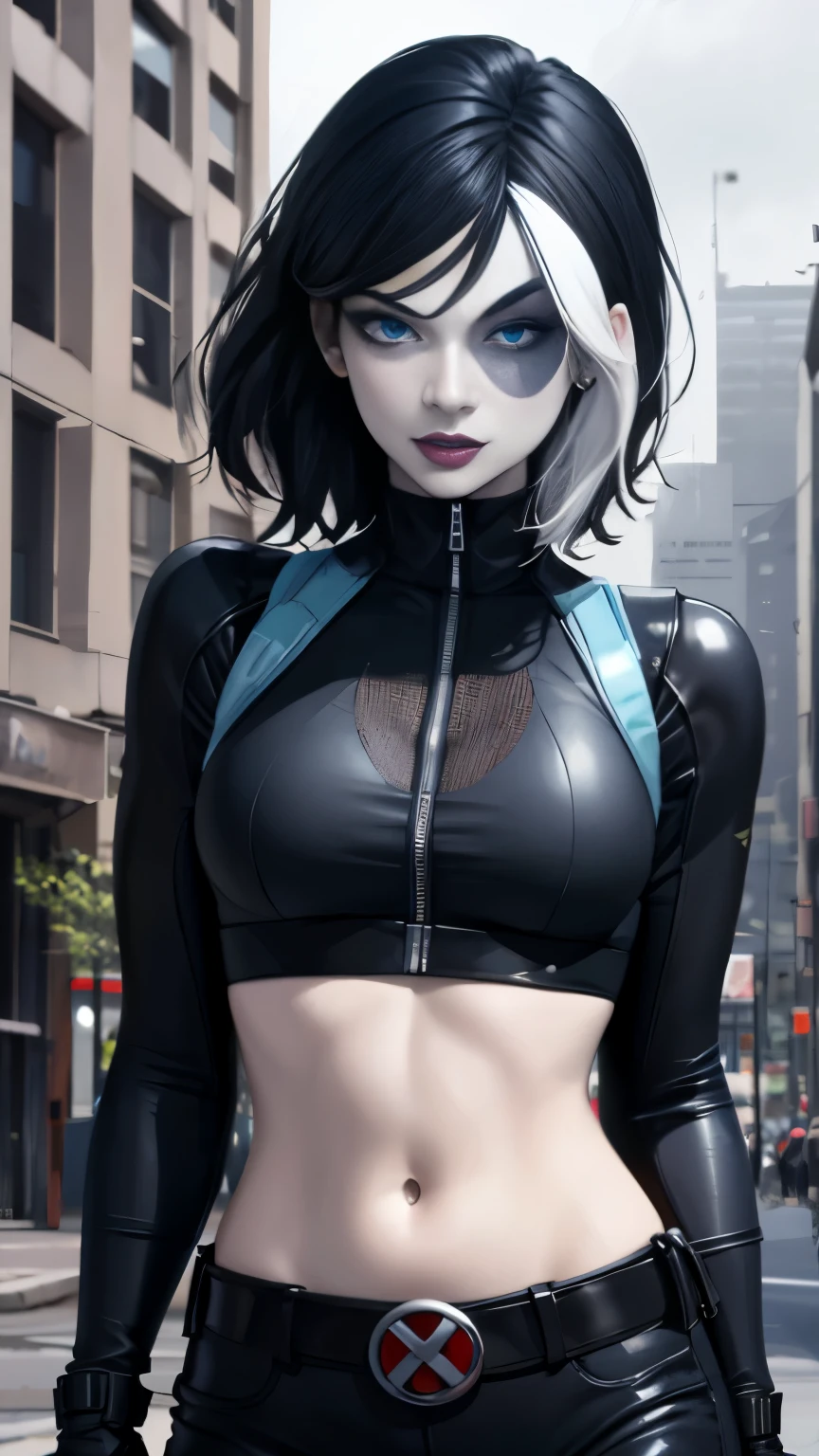 (Highly quality, masterpiece, detailed), city detailed scenario, city detailed background, solo, 1 woman, black hair, white hair highlight, marveldomino, colored skin, makeup, leather cropped top, sleeves, gloves, belt, belly button piercing, bite her lips, blue eyes beautiful eyes, look at the viewer, Sexy pose 