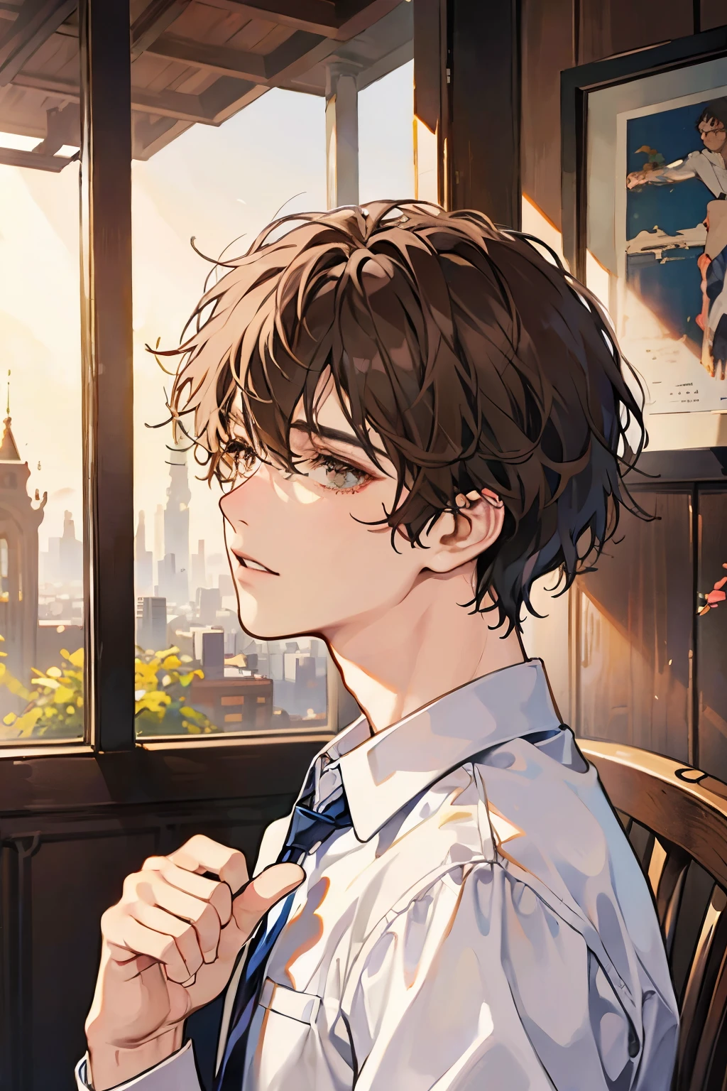 man with curly short brown hair and brown eyes