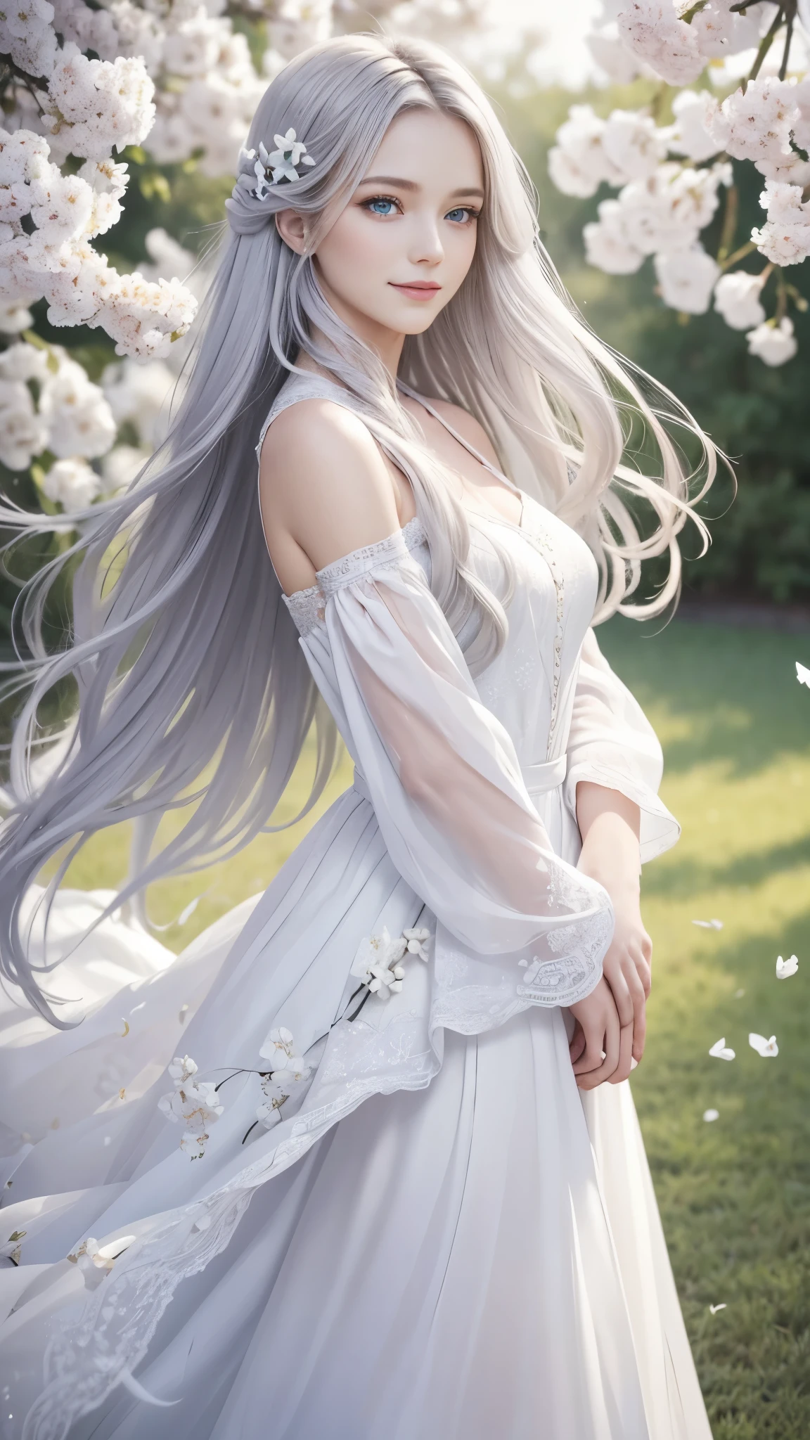 Masterpiece, Superb Piece, Daytime, Outdoor, Falling White Flowers, Perfect Woman in a Pure White Dress, 1 Girl, Silvery-White Long Haired Woman, Radiant Gray Blue Eyes, Gentle Pale Pink Lips, Chilly, Serious Expression, Gentle Bang, Purple-tinged Eyes, White Clothes Fluttering on Clothing Lines, Delicate Features, Exquisitely Detailed Face, Standing with a Graceful Bow, Tassels Fluttering in the Breeze, Happiness Radiating through the Smile.