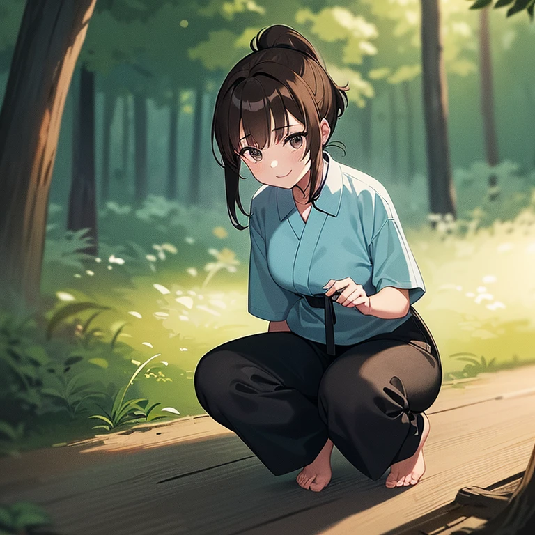 Teenage anime girl with a brown hair ponytail and black eyes wearing a light blue ancient Japanese shirt and black pants with no shoes smiling in a forest at daybreak 