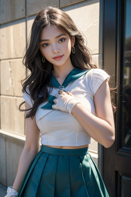 close up， 1 girl， sailor neptune， （sailor senshi：1.2）， （aqua eyes：0.9）， dark green hair， medium hair， Wedge skirt， best quality， earrings， masterpiece， high resolution， intricate details， （Reality）， photography， （white elbow gloves：1.1）， jewelry， medium breasts， whole body， dynamic background， dynamic poses，(​masterpiece:1.3), (8K, Realism, 原始photography, Top image quality: 1.4)，Super detailed face，Highly detailed and professional lighting，Smile