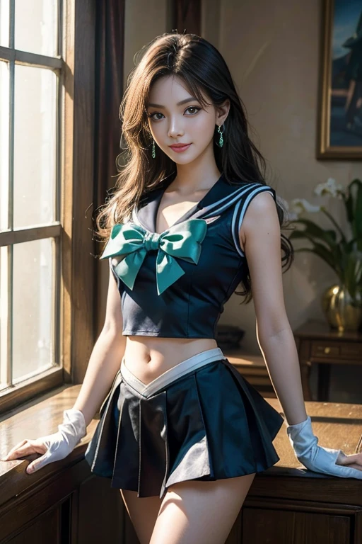 close up， 1 girl， sailor neptune， （sailor senshi：1.2）， （aqua eyes：0.9）， dark green hair， medium hair， Wedge skirt， best quality， earrings， masterpiece， high resolution， intricate details， （Reality）， photography， （white elbow gloves：1.1）， jewelry， medium breasts， whole body， dynamic background， dynamic poses，(​masterpiece:1.3), (8K, Realism, 原始photography, Top image quality: 1.4)，Super detailed face，Highly detailed and professional lighting，Smile