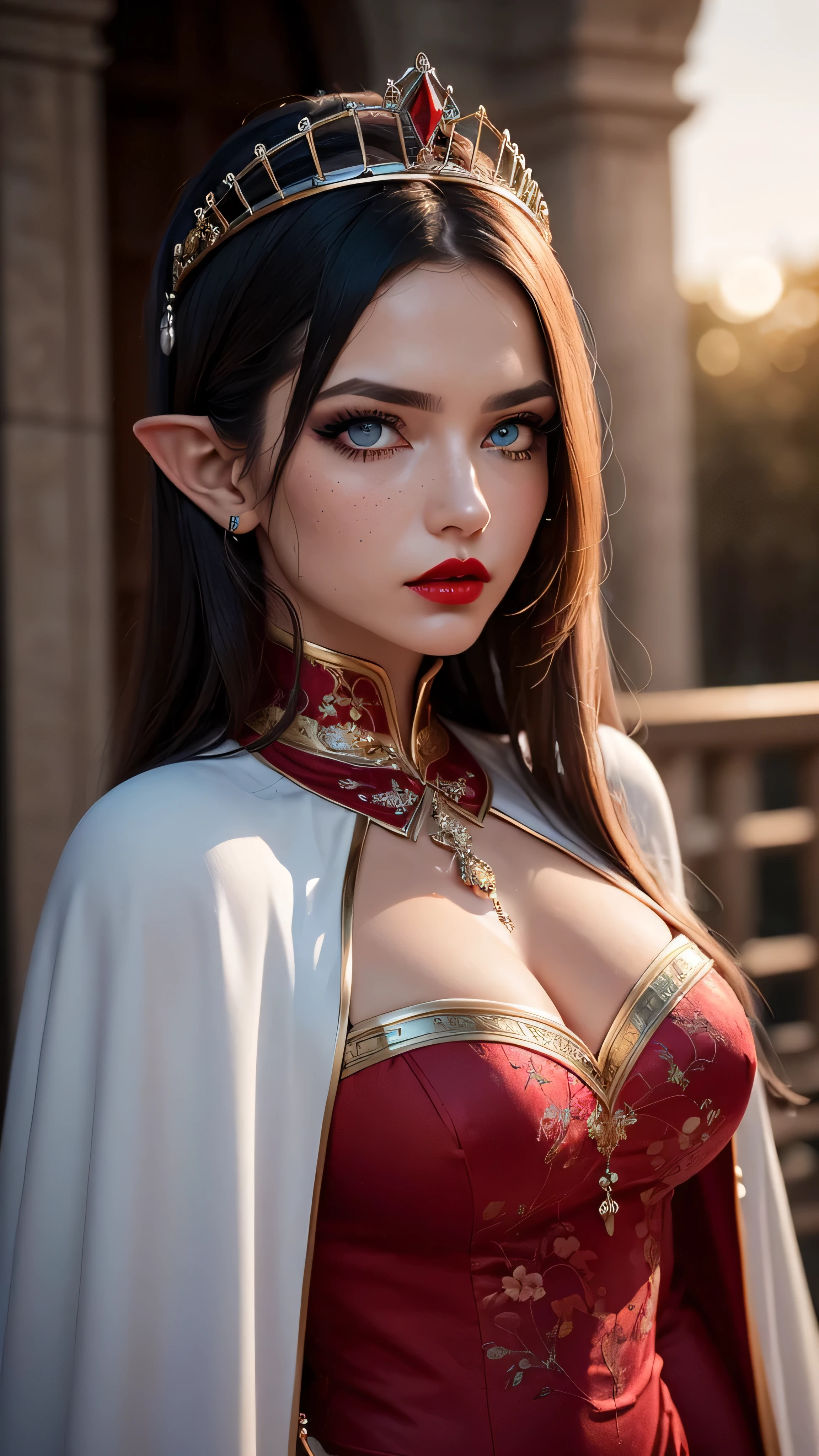 (masterpiece), (extremely intricate:1.5), (realistic), portrait of a muscular girl, ((((detailed mature 40year elven woman, ((blackout eye makeup, red lips, strong square cleft chin, arrogant, [small breasts:large breasts:0.3]), tiara, clear blue eyes, modest high neckline dress, chinoiserie cape, long straight dark hair), high collar))), freckles: 1.0), metal reflections, upper body, outdoors, intense sunlight, far away castle, professional photograph of a stunning woman detailed, sharp focus, dramatic, award winning, cinematic lighting, volumetrics dtx, (film grain, blurry background, blurry foreground, bokeh, depth of field, sunset, interaction), 8K