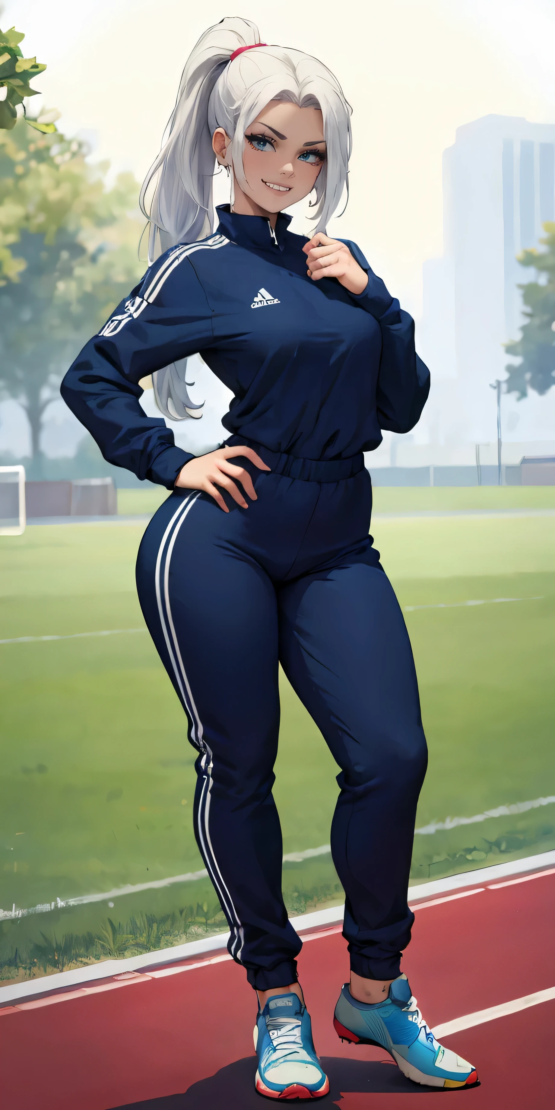 Hd quality, masterpiece cocky, pretty delicate face, smirk, uniform, soccer field background, white hair, blue eyes, slim thick, feminine, long ponytail, cocky, sassy, mischievous, full body imag, joggers, 18 y old, young woman, grin, teenager