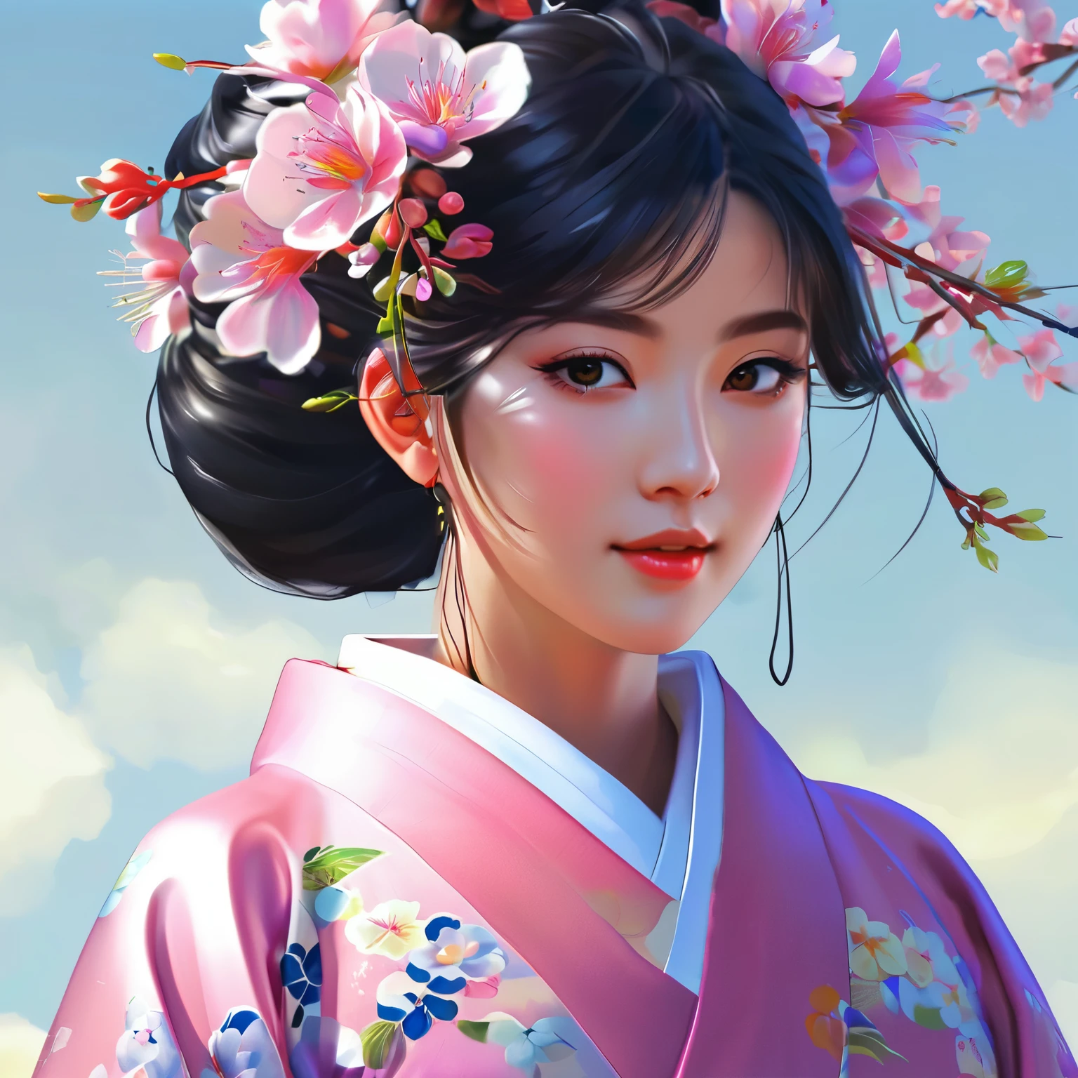 arafa woman in kimono with flowers on her head, linda arte digitalwork, beautiful digital illustration, linda pintura digital, linda pintura digital, obras de arte no estilo de guweiz, photorealistic rendering of anime girl, Arte suave em CG de anime, linda arte digital, great digital art with details, stunning digital illustration, arte digital detalhada de anime, April rendering, lindo retrato de anime