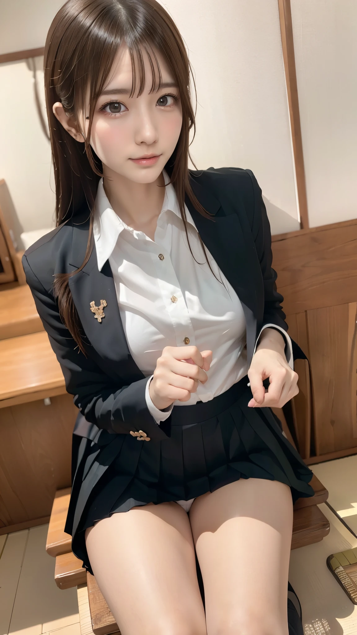 (8k, RAW photo, best quality, masterpiece:1.2), (realistic, photo-realistic:1.4), (extremely detailed 8k wallpaper), sharp focus, depth of field, bocinematic lighting, soft light,detailed beauty eyes,shiny smooth light brown long bob hair, asymmetrical bangs, shiny skin, super detailed skin,high resolution, high detailing, detailed hairstyle, detailed beauty face, hyper realistic, perfect limbs, perfect anatomy ,1 japanese girl,famous Japanese idol, perfect female body, large breasts,smile,short eyelashes,double-edged eyelid,((panties visible)), (squat pants shot),(dynamic pose))),(sitting cross-legged,bending the knees)),pleated skirt, blazer,sexy upper eyes,(Japanese girls' high school uniform:1.5)), Spectacular, Fine details, Detailed facial movie writing,