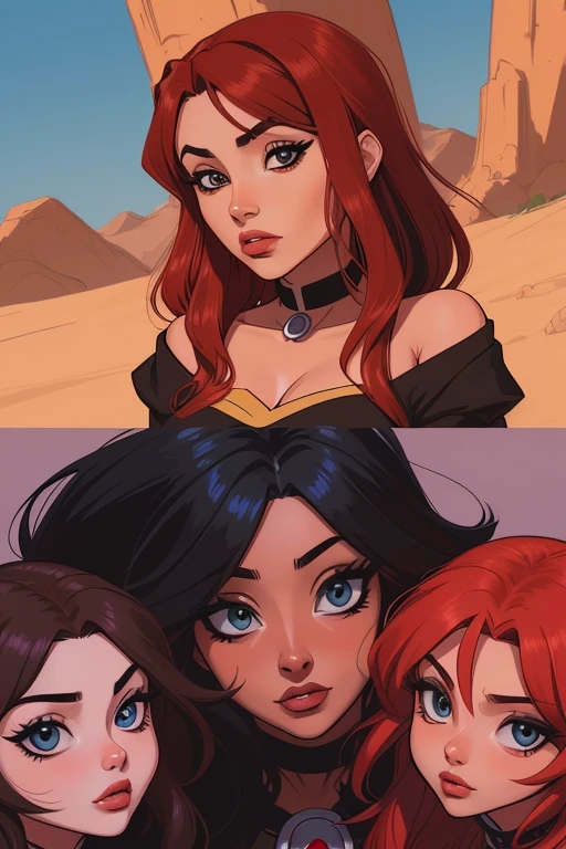 Megumin Cartoon style digital illustration (Megumin tem cabelo preto, olhos vermelhos) with her three daughters Esmeralda, rubi, Aria Rose : (Esmeralda tem cabelos castanhos , olhos vermelhos). (rubi have Red Hair, olhos verdes), (Aria Rose tem cabelo preto, olhos azuis) Cartoon style digital illustration