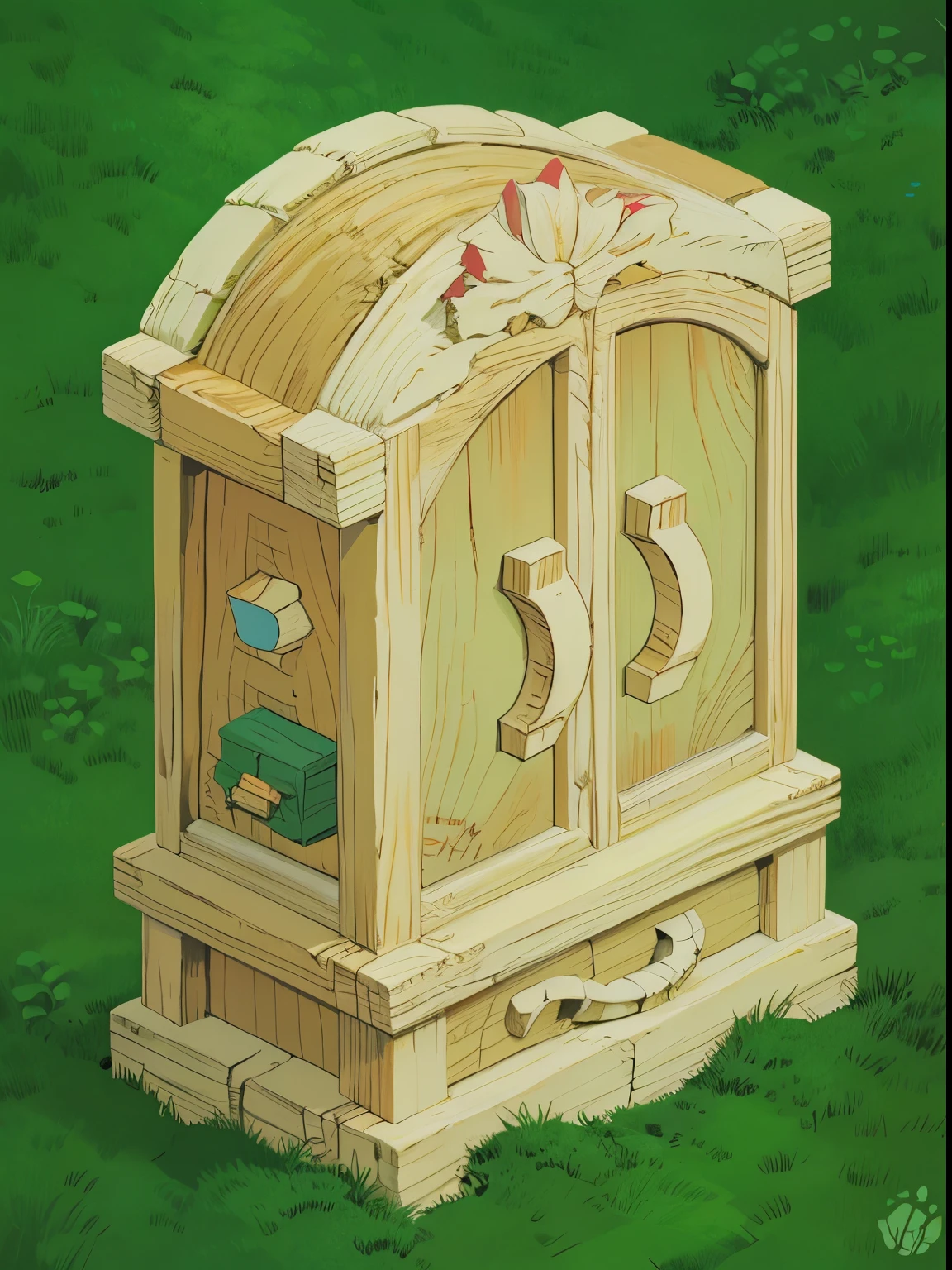 ilustracion pintada a mano de game asset de un ropero de madera color rojo envegecido, isometrico
