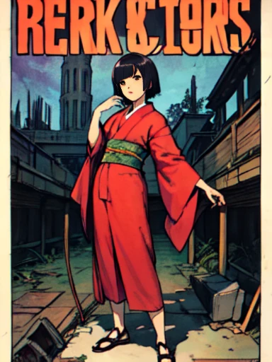 ((A girl with a bob haircut in a red kimono))、((ruins)), ((punk band poster)),cartoon style, Horror elements, Comic book style illustrations, (drawing style), full body (Spooky), Japanese carving, primitive art, circus, crazy illustration, flat illustration、((small eyes))