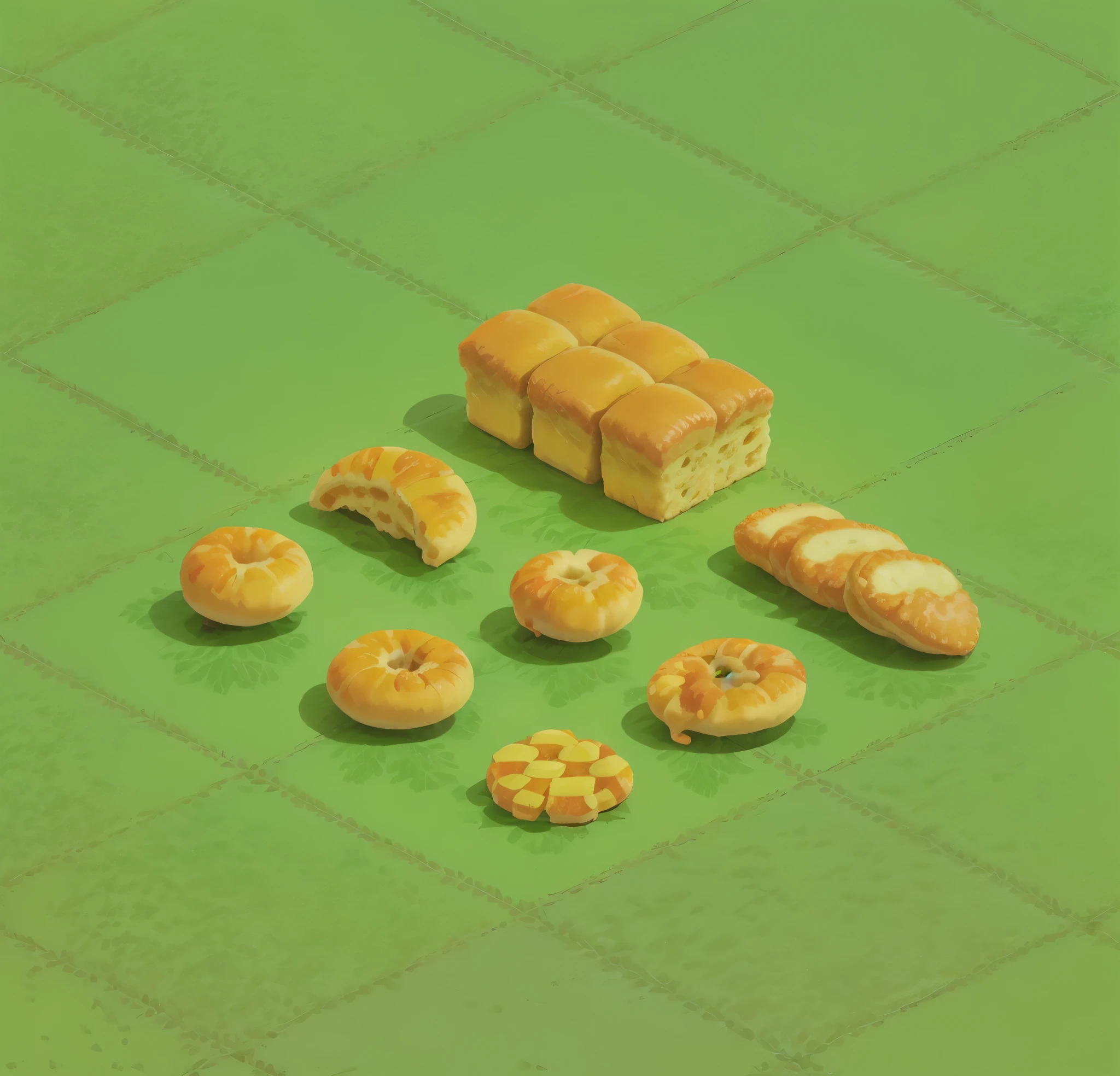 ilustracion isometrica pintada a mano, asset game food, pan, rosquillas, wuafle, croasan, game asset isometric, fodd, fondo blanco fondo transparente, isometrico