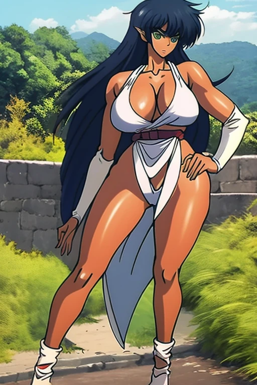 1girl,looking at viewer,dark skinned female,long hair,black hair,((green eyes)),((perfect anatomy)),thick long eyelashes,shiny hair,muscular female,thick body,wears a a dress with a high neckline and white panties,,v-shaped eyebrows,bangs,castle,forest,scenery,