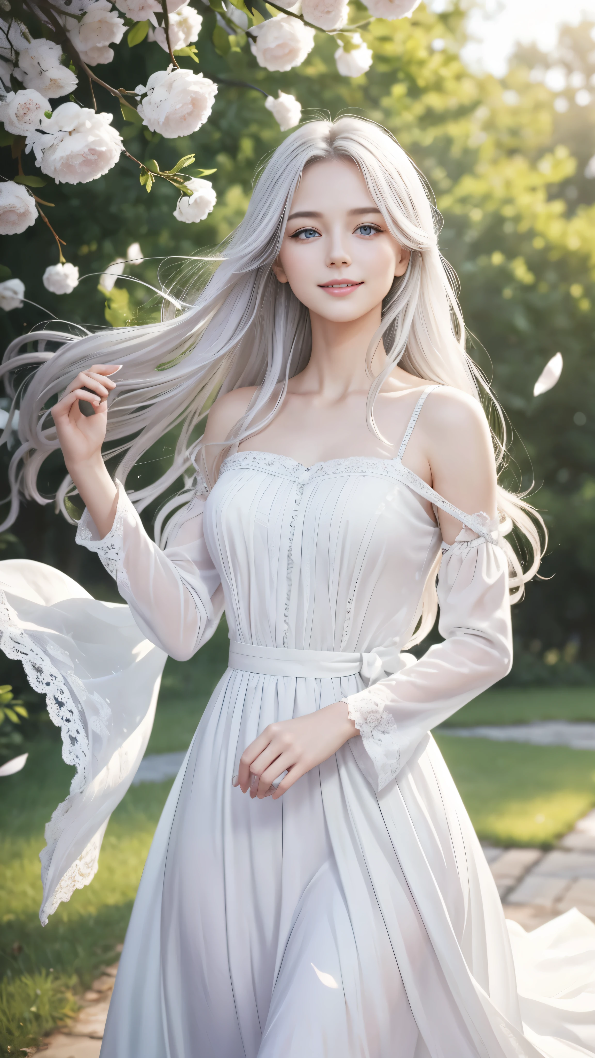 Masterpiece, Superb Piece, Daytime, Outdoor, Falling White Flowers, Perfect Woman in a Pure White Dress, 1 Girl, Silvery-White Long Haired Woman, Radiant Gray Blue Eyes, Gentle Pale Pink Lips, Chilly, Serious Expression, Gentle Bang, Purple-tinged Eyes, White Clothes Fluttering on Clothing Lines, Delicate Features, Exquisitely Detailed Face, Standing with a Graceful Bow, Tassels Fluttering in the Breeze, Happiness Radiating through the Smile.