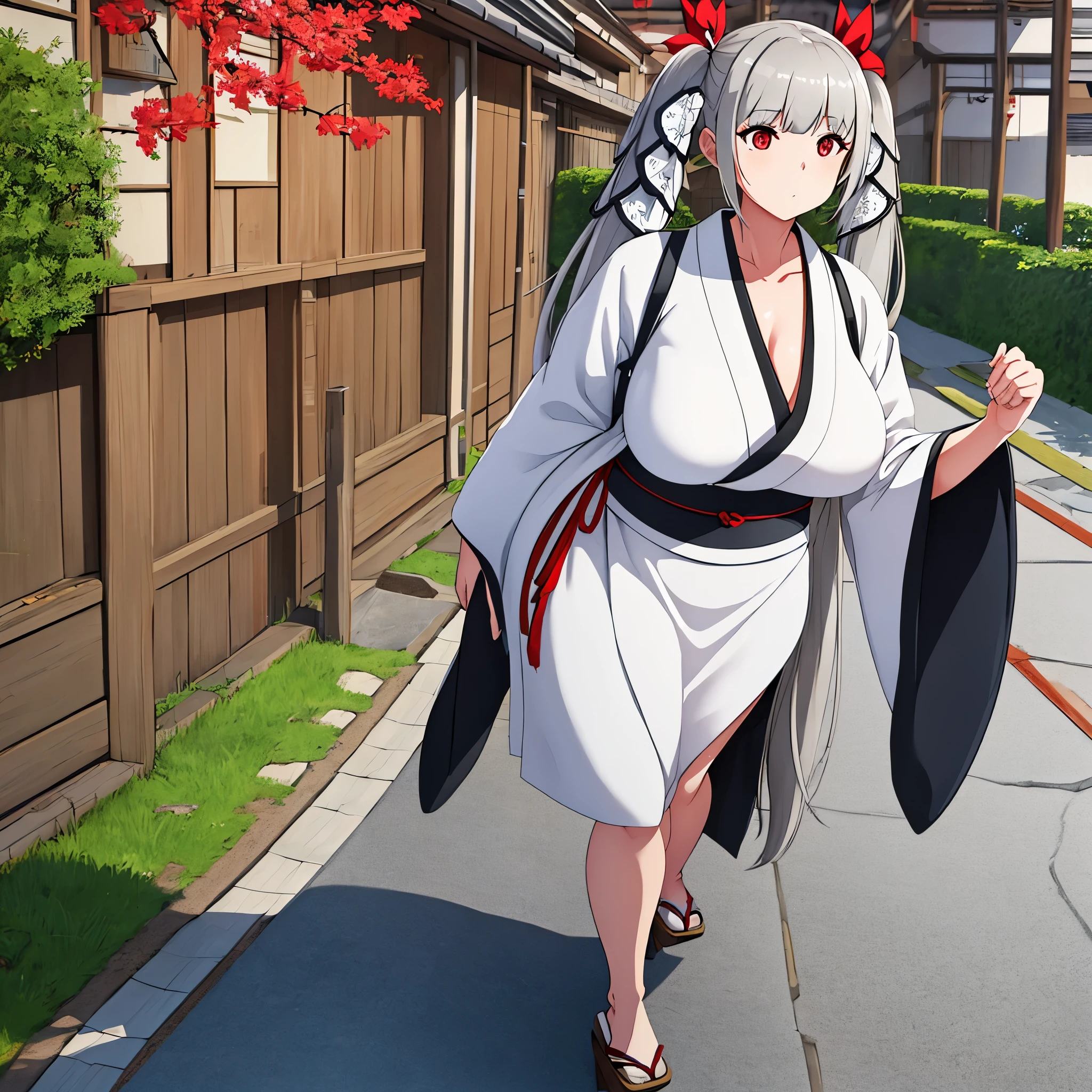 A woman wearing a white kimono with gray details, long gray hair, long pigtails, red eyes, large breasts, walking in a traditional Japanese neighborhood, concrete floor,HDR, ultra resolution, well defined, masterpiece, 8K HD. (solo woman)
