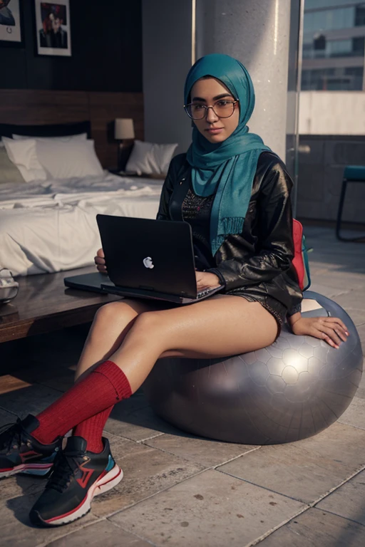 A Pakistan beautiful young lady sitting on a Youtube ball with an apple laptop and a handbag, wearing a teal hijab with red suit, wearing black glasses with heel shoes, the background of the image should be a social media “YOUTUBE”profile page and the username “AMINA” and a matching profile picture and modify it, 3D artist, realistic 3D style 3D illustration, professional 3D render, ultra smooth HD details, hyper realistic 32ks