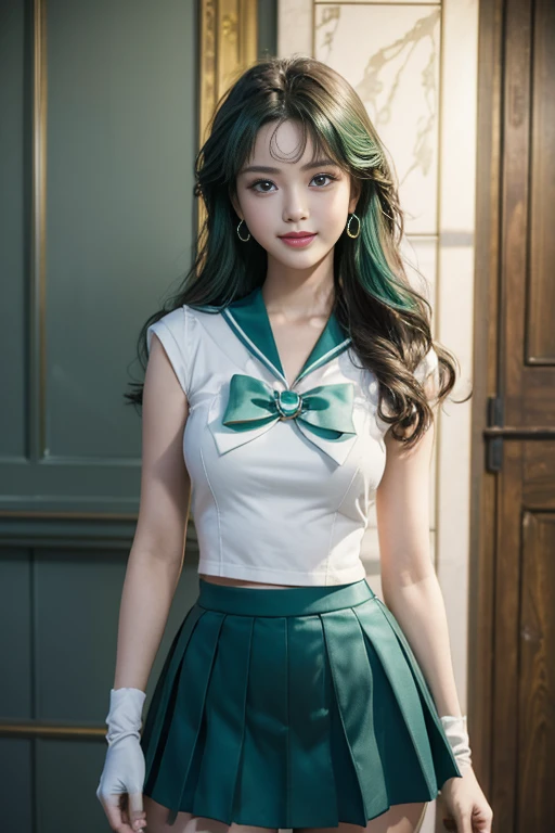 close up, 1 girl, sailor neptune, (sailor senshi:1.2), (aqua eyes:0.9), dark green hair, medium hair, Wedge skirt, best quality, earrings, masterpiece, high resolution, intricate details, (Reality), photography, (white elbow gloves:1.1), jewelry, medium breasts, whole body, dynamic background, dynamic poses,(masterpiece:1.3), (8K, Realism, 原始photography, Top image quality: 1.4),Super detailed face,Highly detailed and professional lighting,Smile,perfect hands