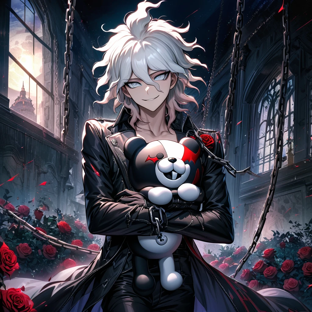 Ultra detailed, Highres, absurdres, HDR, Komaeda Nagito, white hair, silver eyes, black gloves,black long coat, bare chest, prince cool clothes, 1 adult man only, moon, window, roses, handsome, Danganronpa, chains, holding a plushie of Monokuma, smirking