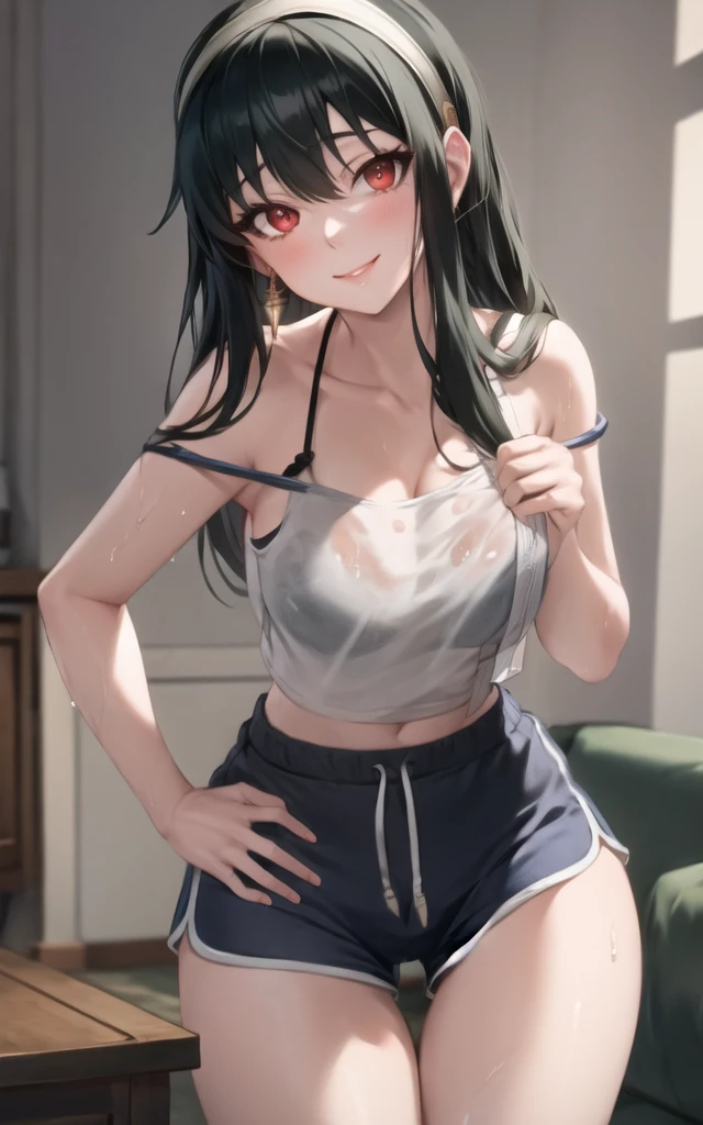 (masterpiece), (best quality), (beautiful eyes and face), (perfect female body), (shiny skin),
looking at viewer, cowboy shot,
1girl, solo, yor briar, black hair, long hair, red eyes,
medium breasts,
white hairband, gold earrings, jewelry, (black tanktop), (cleavege)
smile,
sitting on couch,
living room, facing viewer, large waist, thick thighs, thigh gap, dolfine shorts, short shorts, booty shorts, (36year old woman), bra under tanktop,long tanktop, tanktop tucked into shorts, facing viewer, top down, tanktop strap falling off shoulder, one bare shoulder, leaning over, bend over, leaning over viewer, Transparent tanktop, seethough tanktop, wet tanktop, black bra under tanktop