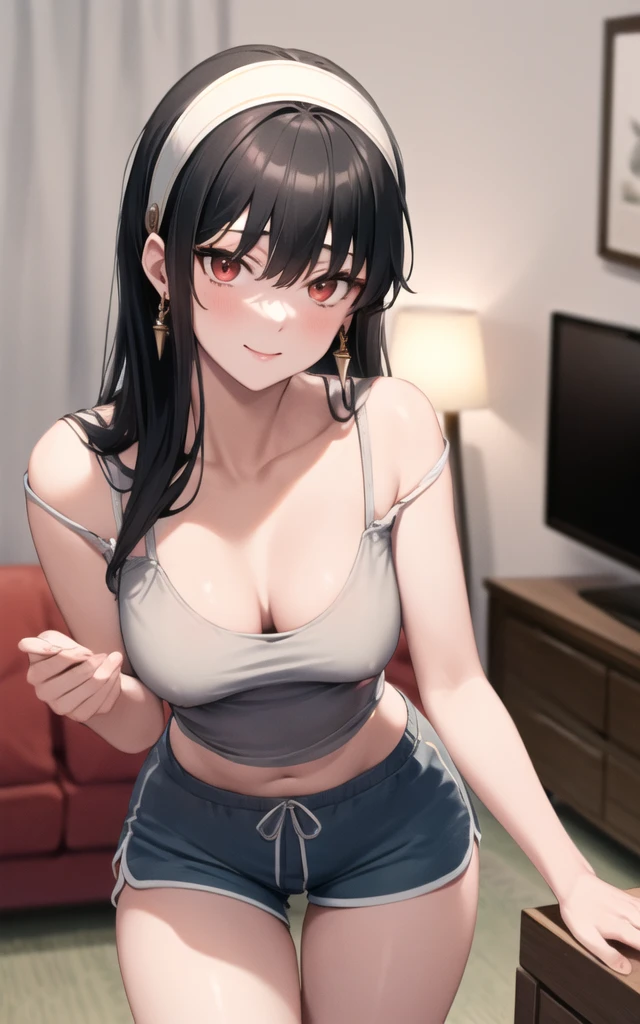 (masterpiece), (best quality), (beautiful eyes and face), (perfect female body), (shiny skin),
looking at viewer, cowboy shot,
1girl, solo, yor briar, black hair, long hair, red eyes,
medium breasts,
white hairband, gold earrings, jewelry, (black tanktop), (cleavege)
smile,
sitting on couch,
living room, facing viewer, large waist, thick thighs, thigh gap, dolfine shorts, short shorts, booty shorts, (36year old woman), bra under tanktop,long tanktop, tanktop tucked into shorts, facing viewer, top down, tanktop strap falling off shoulder, one bare shoulder, leaning over, bend over, leaning over viewer,