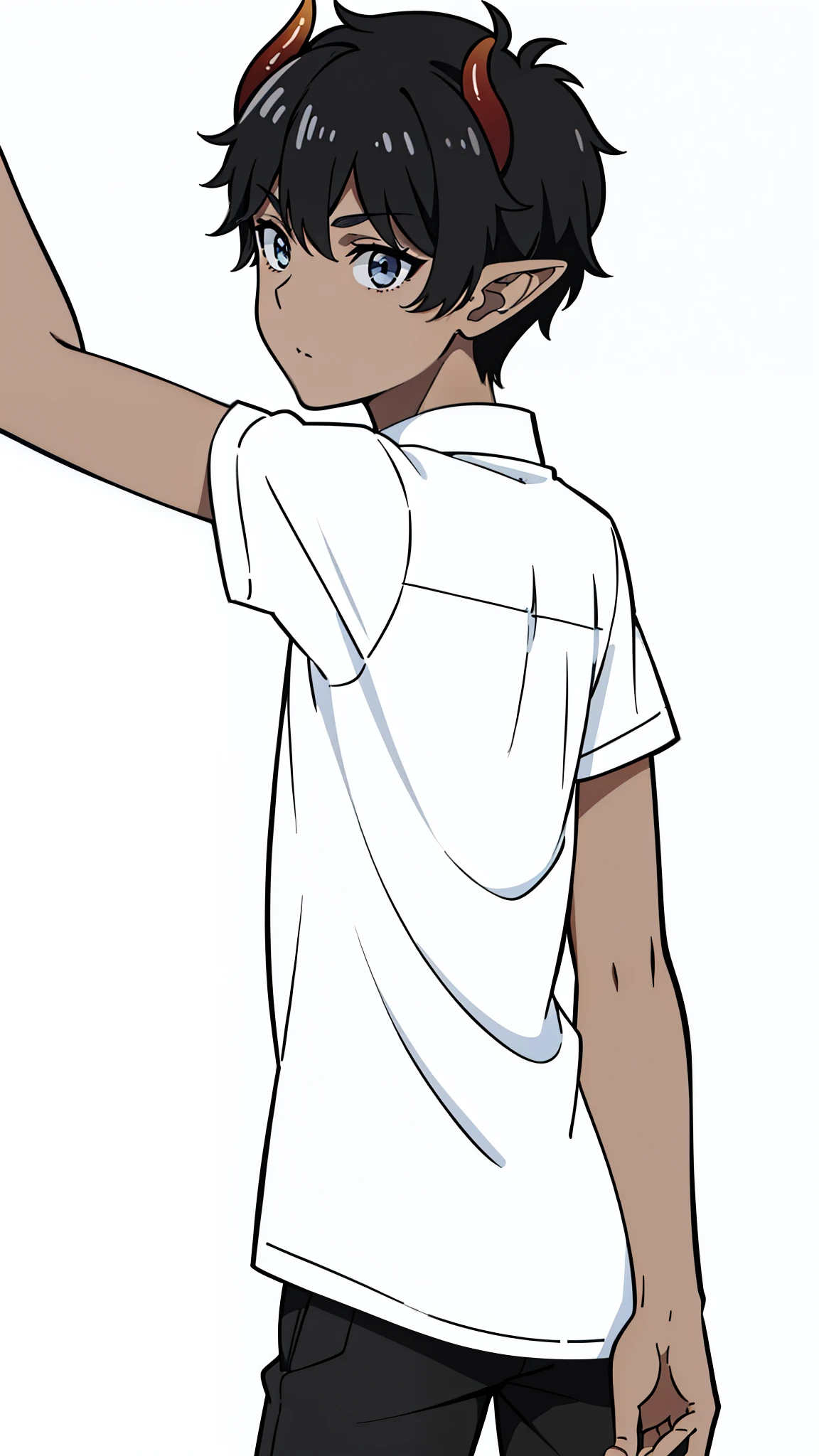 (1boy,8 years old,solo),((dark skin)),((white casual shirt,short sleeves,black shorts)),Short hair,black hair,elf ears,(horns),(white background,line drawing),(((from back))),dont looking