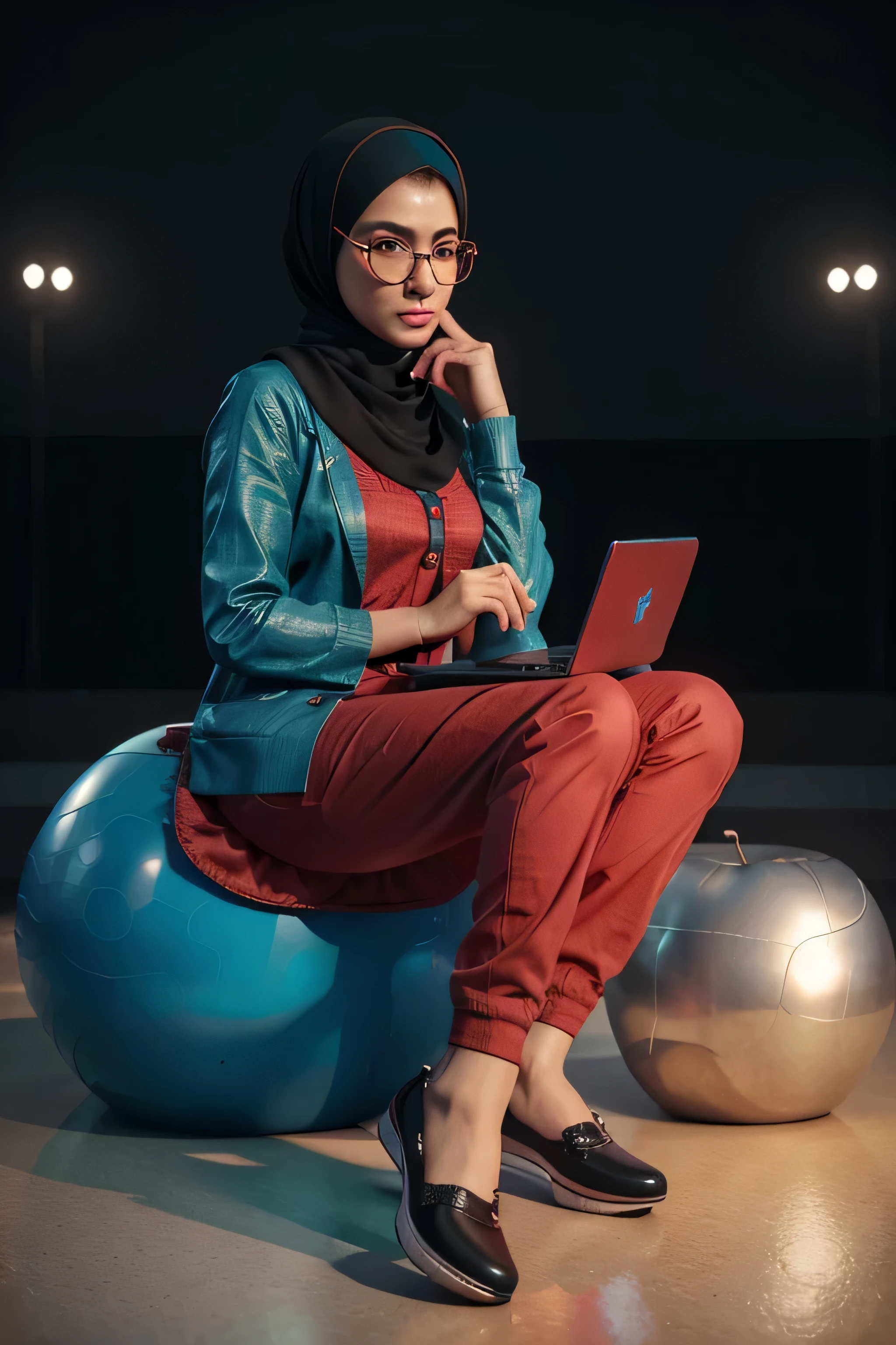 A Pakistan beautiful young lady sitting on a Youtube ball with an apple laptop and a handbag, wearing a teal hijab with red suit, wearing black glasses with heel shoes, the background of the image should be a social media “YOUTUBE”profile page and the username “AMINA” and a matching profile picture and modify it, 3D artist, realistic 3D style 3D illustration, professional 3D render, ultra smooth HD details, hyper realistic 32ks