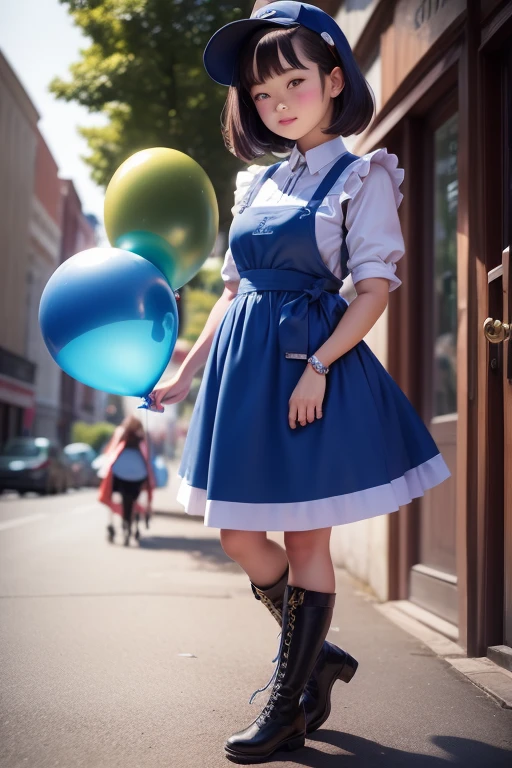 balloon seller girl, a 14 years old girls, (((she is having a blue balloon))) , real photo, (((full body))), (looking down at me),  bob hair, big ribbon on he hair, (apron, leather long skirt, boots), 