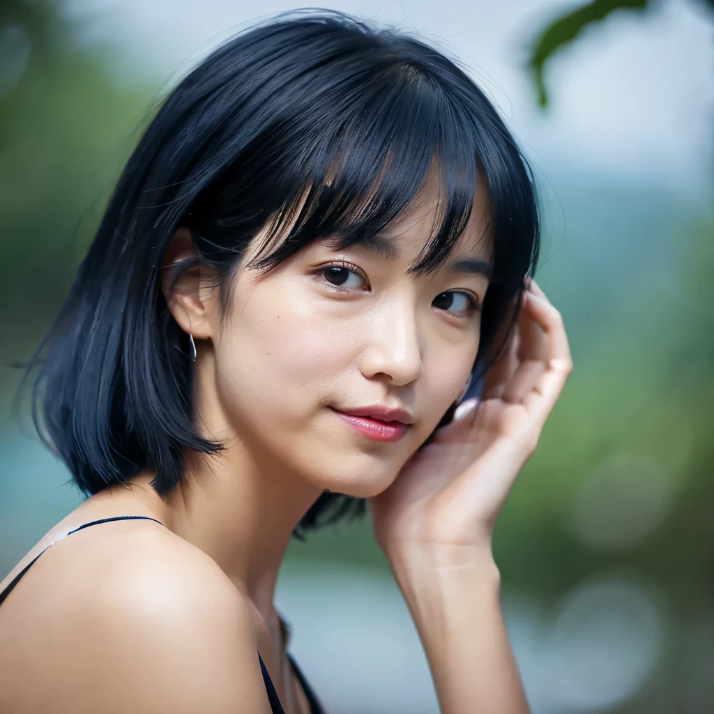 26〜32 years old, slim,black bob hair,black dress,tight,Height: 170cm,Beauty