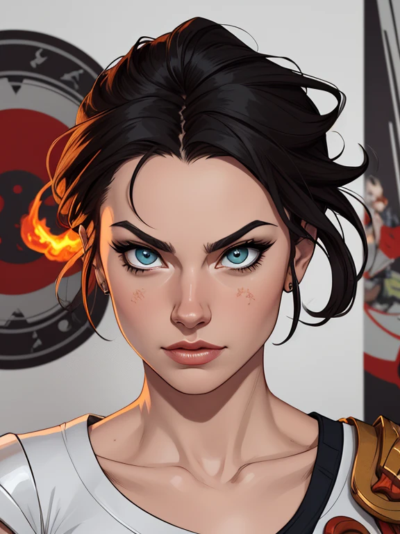 Personagem Yvonne Strahovski omagem de desenho animado de uma mulher .cartoon style illustration, estilo de arte dos desenhos animados, estilo de arte dos desenhos animados, digital illustration style, design de personagens altamente detalhado, arte digital detalhada fofa,, Design de personagens de retrato, beautiful digital illustration, retrato de alta qualidade, Arte em quadrinhos, mulher jovem.  expression of sexual desire white background. Azula tem longos cabelos negros azulados, que caem em cascata sobre seus ombros. Seus olhos dourados brilham com intensidade, conveying his determination and cunning. His pale skin contrasts with the vibrant tone of his Fire Nation war gear.. Ela usa uma armadura vermelha e dourada ricamente decorada, with detailed flame patterns and shiny metallic ornaments. The armor is adjusted to the body, highlighting her agility and grace as she moves.