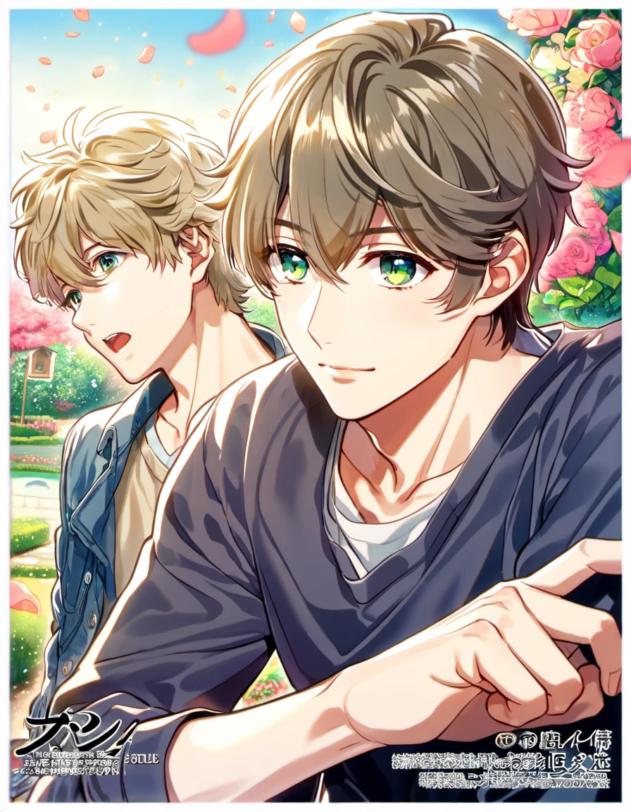 absurdres, highres, ultra detailed, HDR, masterpiece, Kaidou Haru, ash blond hair, expressive light green eyes, Super Lovers, 1man, handsome,petals, garden