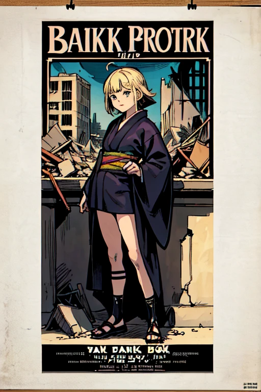 ((Blonde bob-haired girl in black kimono))、((ruins)), ((punk band poster)),cartoon style, Horror elements, Comic book style illustrations, (drawing style), full body (Spooky), Japanese carving, primitive art, circus, crazy illustration, flat illustration、small eyes