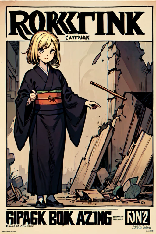 ((Blonde bob-haired girl in black kimono))、((ruins)), ((punk band poster)),cartoon style, Horror elements, Comic book style illustrations, (drawing style), full body (Spooky), Japanese carving, primitive art, circus, crazy illustration, flat illustration、small eyes