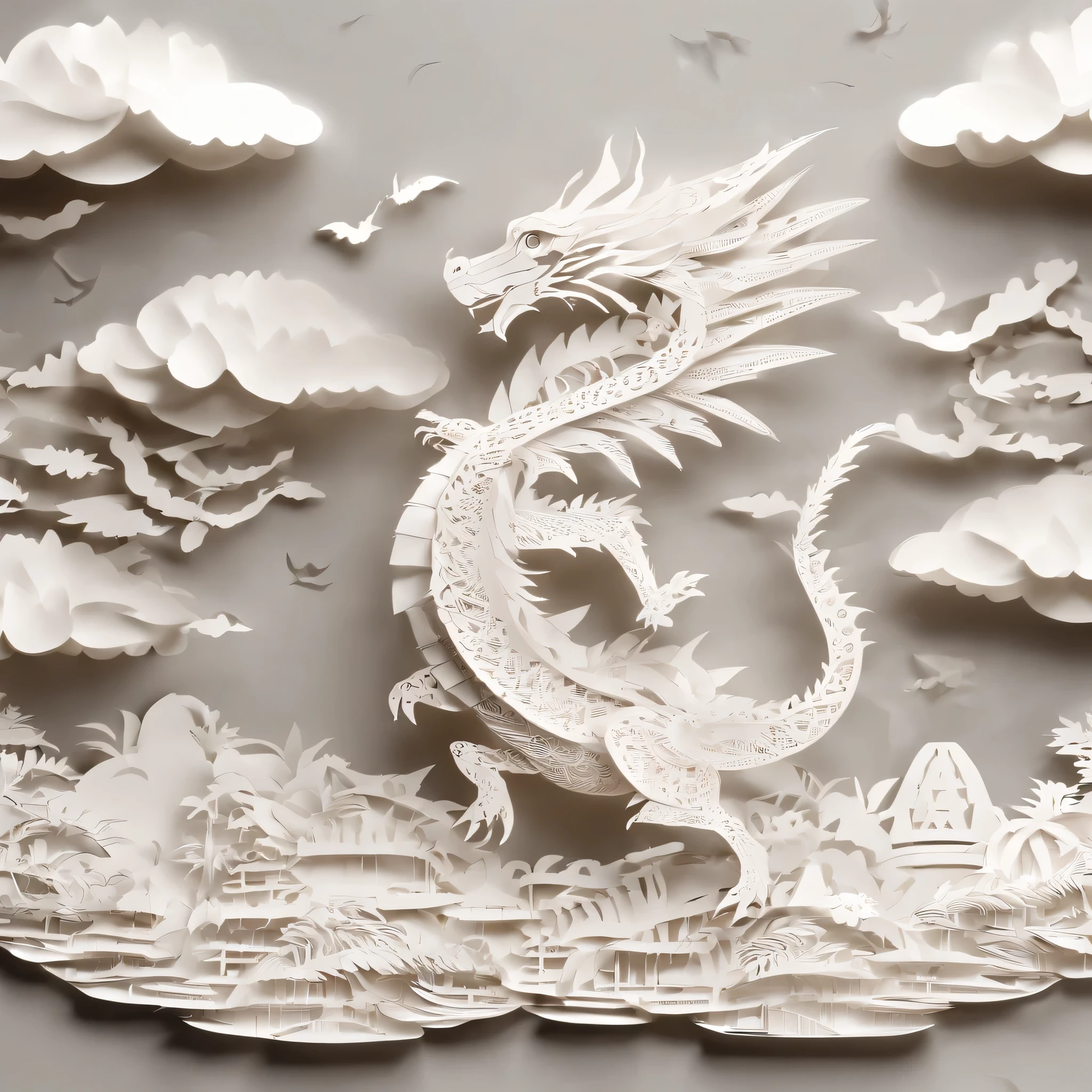 Cute deformed dragon、Flying above the clouds、Laughing、Papercut、Perfect litthing、high-detail、high-level image quality、High color rendering、hight resolution、A hyper-realistic、photo realistic