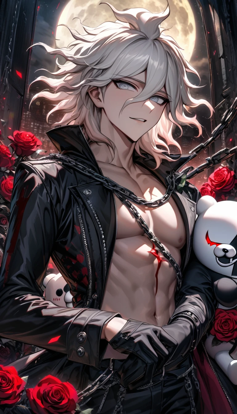 Ultra detailed, Highres, absurdres, HDR, Komaeda Nagito, white hair, silver eyes, black gloves,black long coat, bare chest, prince cool clothes, 1 adult man only, moon, window, roses, handsome, Danganronpa, chains, holding a plushie of Monokuma,