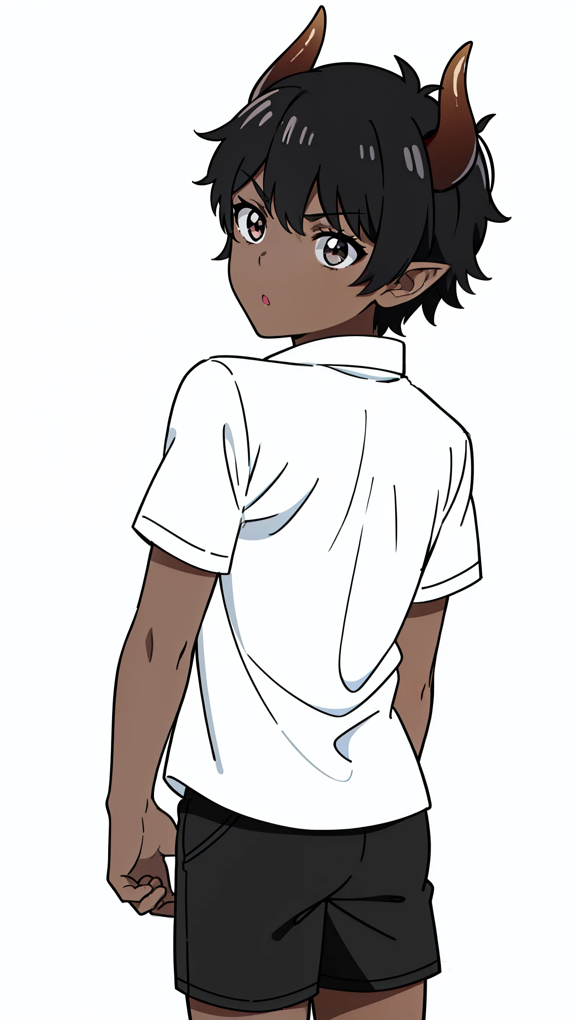 (1boy,8 ,solo),((dark skin)),((white casual shirt,short sleeves,black shorts)),Short hair,black hair,elf ears,(horns),(white background,line drawing),(((from back))),dont looking,serious,:o