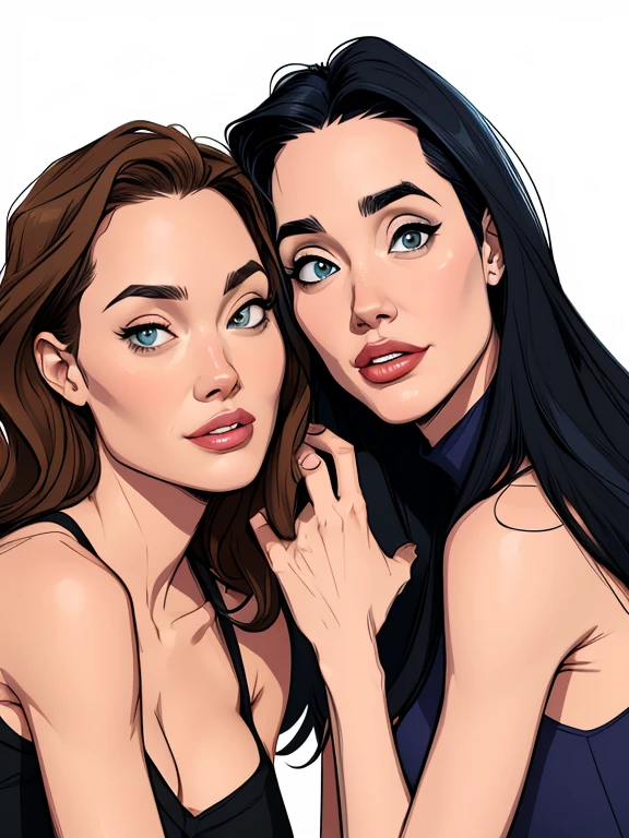 Yvonne Strahovski and Angelina Jolie and Jennifer Connelly on a white background Cartoon style digital illustration are girlfriends 