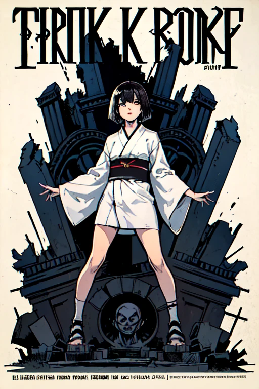 ((A girl with black hair and a bob in a white kimono))、((ruins)), ((punk band poster)),cartoon style, Horror elements, Comic book style illustrations, (drawing style), full body (Spooky), Japanese carving, primitive art, circus, crazy illustration, flat illustration、small eyes