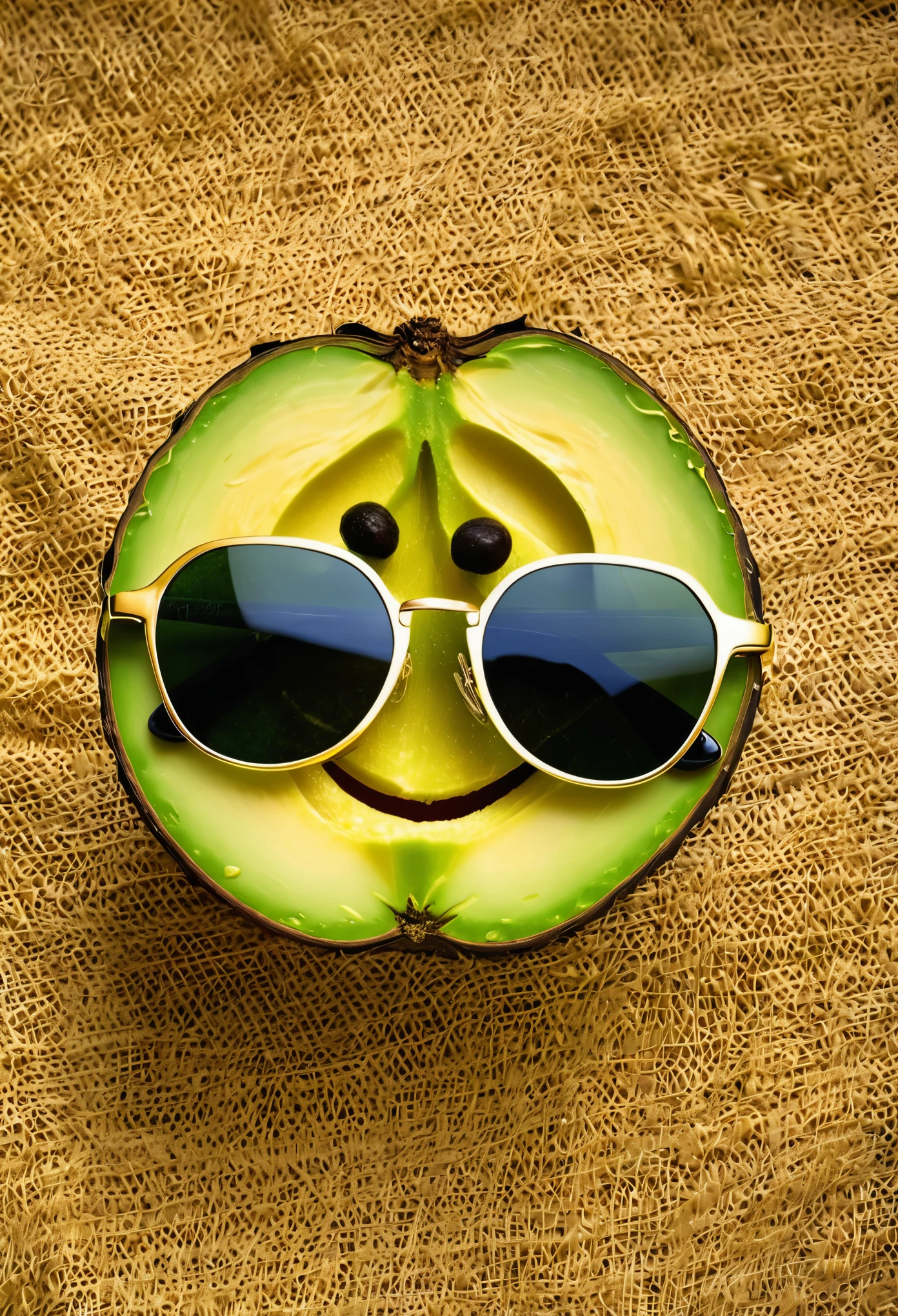 Imagen de una palta muy sonriente rodeada de mucho dinero,oro y con gafas negras oscuras mientras mira sonriendo de felicidad y su cascara es verde oscuro