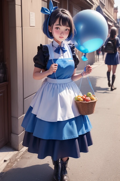 balloon seller girl, a  girls, (((she is having a blue balloon))) , real photo, (((full body))), (looking down at me),  bob hair, big ribbon on he hair, (apron, leather long skirt, boots), 