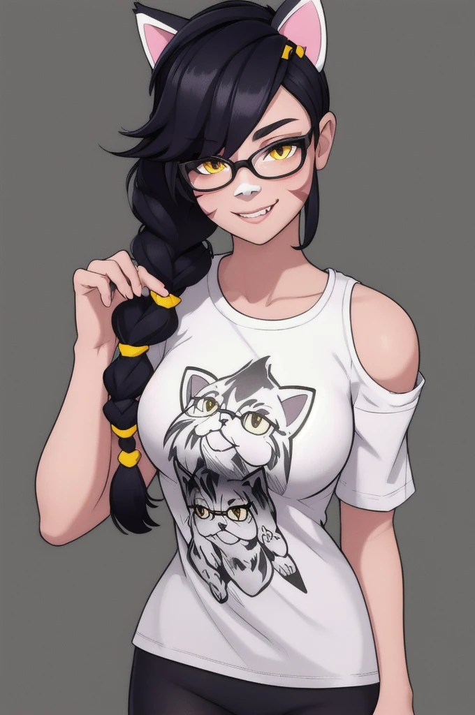 Erisa, 1girl, solo, long hair, looking at viewer, black hair, bandaid on face, yellow eyes, animal ears, smile, bandaid on nose, braid, cat ears, bandaid, bangs, breasts, fake animal ears, simple background, fang, , bare shoulders, scar, teeth, shirt, tight shirt, bare shoulders, white shirt, short sleeves, closed mouth, t-shirt, hair over one eye, portrait, hair over shoulder, shorts, skin tight outfit, glasses, seductive, realistic, best quality, masterpiece, ultra detail, ultra high res, extreme detail, 8k