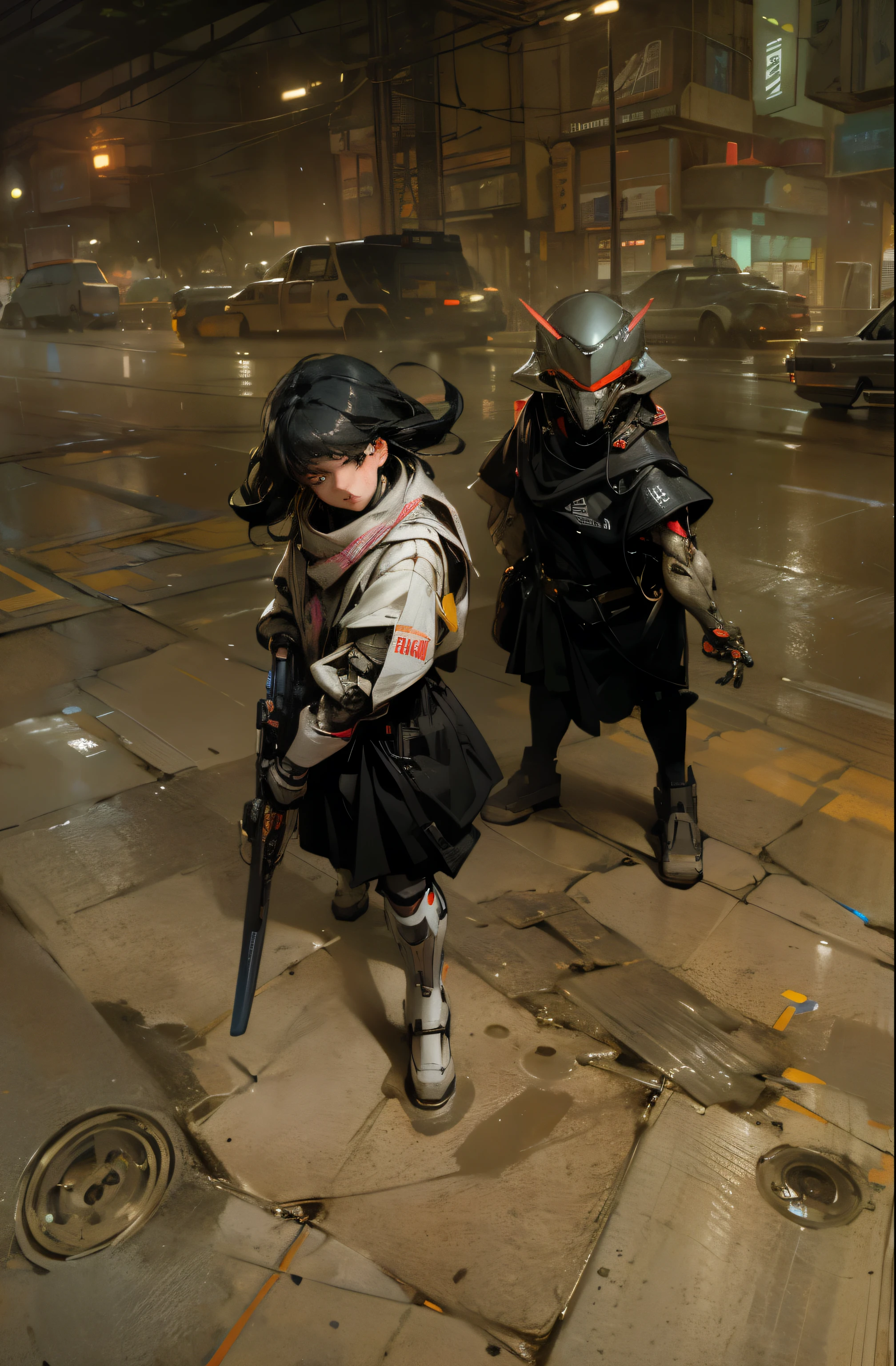 (Best quality, 8k, 32k, Masterpiece, UHD:1.2) "Transform the image into a dystopian 1980s setting with futuristic yet retro technology and a pervasive presence of robots:
Set the scene in a bustling metropolis that combines elements of classic 1980s urban design with advanced futuristic technology. Imagine a cityscape dominated by towering skyscrapers adorned with neon signs and billboards, reminiscent of the cyberpunk aesthetic popularized in 1980s science fiction.
Populate the streets with a diverse array of robots and cybernetic beings, ranging from humanoid androids to mechanized drones and robotic pets. Incorporate elements of retro-futuristic design, such as sleek chrome surfaces, glowing LED displays, and angular geometric shapes, to evoke a sense of nostalgia for the sci-fi visions of the past.
Use dynamic lighting and vibrant colors to enhance the retro-futuristic atmosphere, with neon lights casting colorful reflections on rain-soaked streets and holographic advertisements flickering in the night sky. Experiment with bold color schemes and exaggerated lighting effects to capture the eclectic energy of a city caught between the past and the future.
Depict the interactions between humans and robots, showcasing the ways in which technology has permeated every aspect of daily life. From automated public transportation systems to robotic street vendors and cybernetically enhanced citizens, illustrate a world where humans and machines coexist in a delicate balance of cooperation and conflict.
Finally, infuse the scene with a sense of narrative intrigue and social commentary, exploring themes of technology, identity, and power in a society where the boundaries between man and machine have blurred. Invite viewers to immerse themselves in this retro-futuristic world, uncovering hidden stories and untold secrets hidden amidst the gleaming skyscrapers and bustling streets."