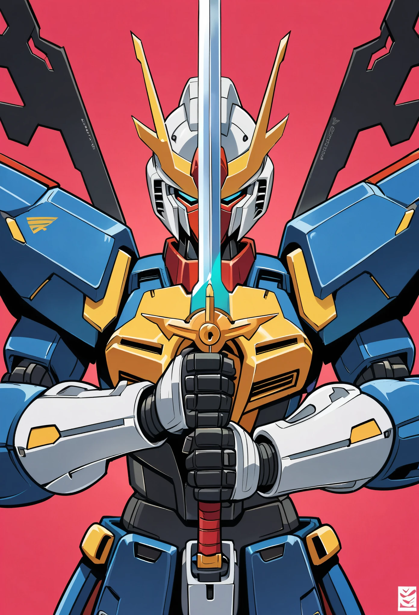 Gundam,mcbess style,Sword in both hands，sword focus