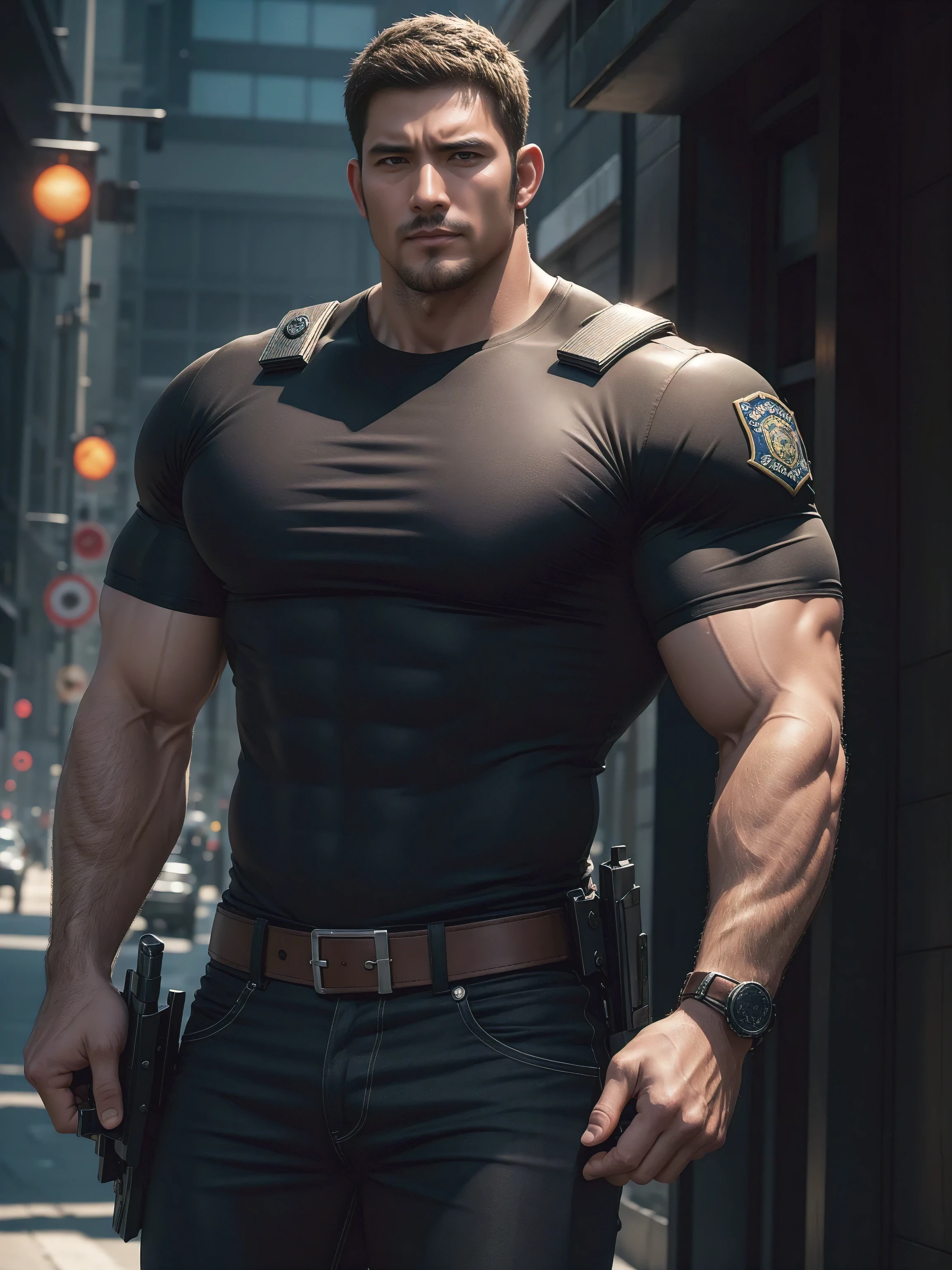 One Tall giant muscular police officer, Chinese police hat, On the outdoor street, Brown skinny T-shirt, The expression is arrogant, Lift your chin, disheveled hair, thick thighs, Brown skinny T-shirt, Very tight, Regular symmetrical pattern, Accentuate muscles, Police uniform pants, character concept（Resident Evil - chris redfield, chris redfield）proud expression, Deep and charming eyes, heroic male pose, tall burly, muscular！muscular thighs, tough guy, perfect facial features, High, burly, Heqiang, Super gain and cool, high resolution committee, Charming strong man, The sun is blazing, Dazzling