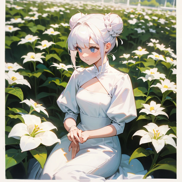 White bun hair royal woman In a simple white dress, sitting in a flower garden