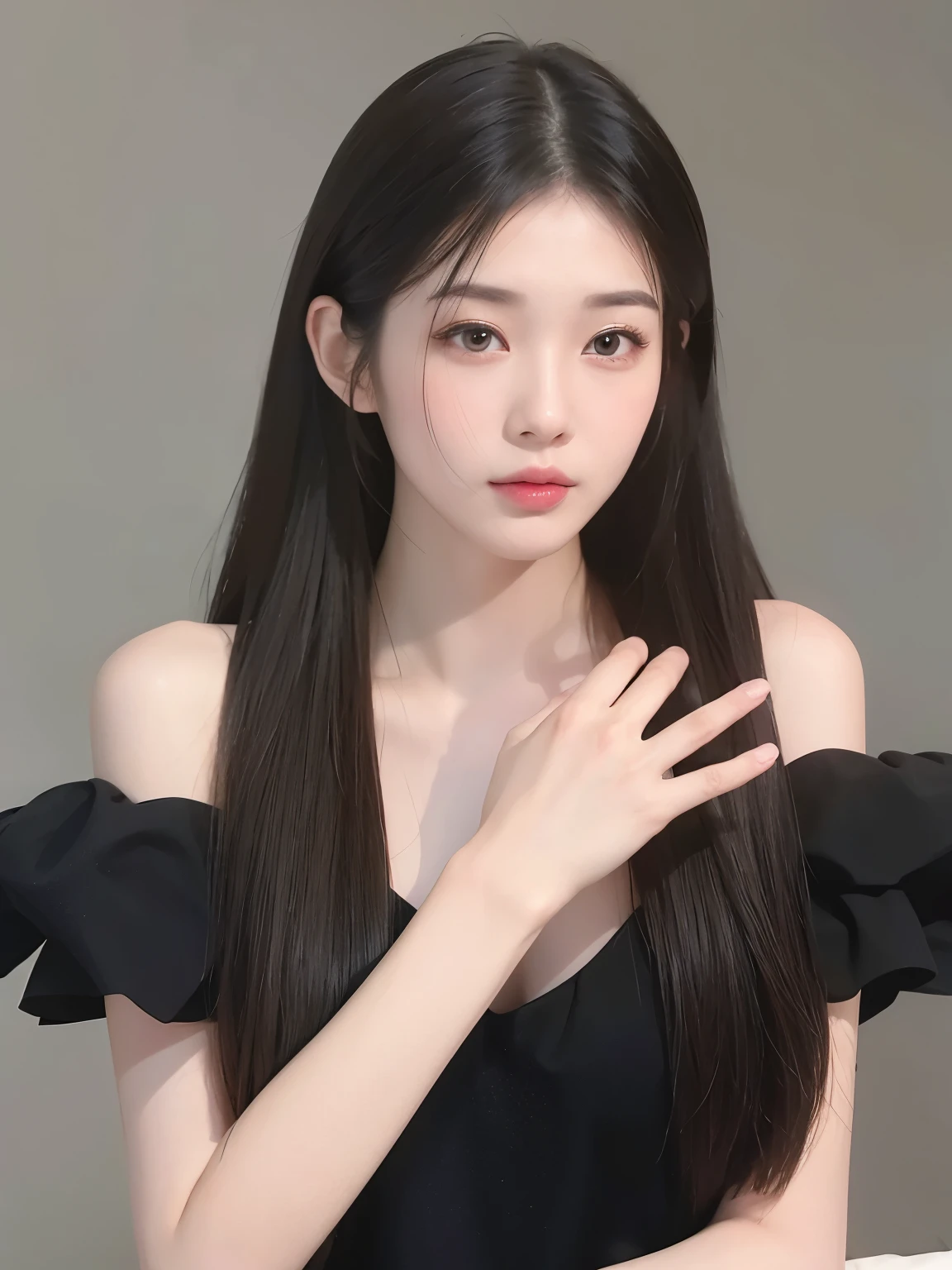 A girl taking pictures,facing the camera,black long straight hair,Long straight hair hairstyle,,long flowing hair,Photorealism,masterpiece,best quality,high quality,fine details,clear focus,4 k,1girl, 1 girl,美丽的Face, Face, Divine goddess, ultra high resolution,(Realism:1.4),(beautiful girl:1.4),(Urzang-6500-v1.1:0.3)