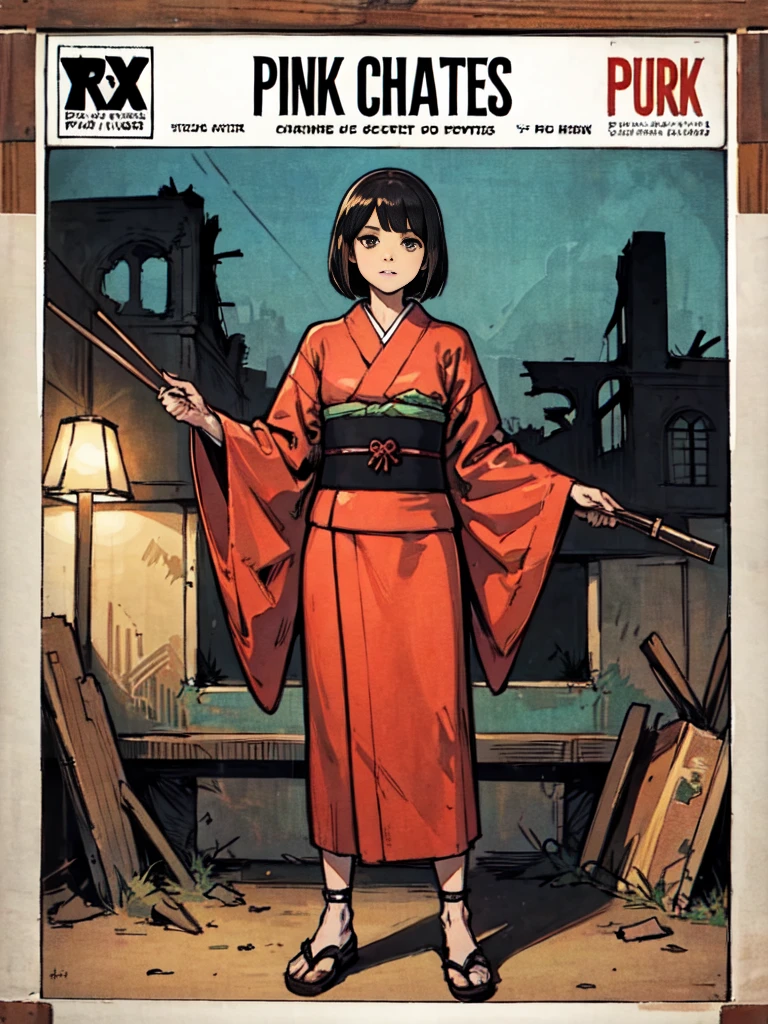 ((A girl with a bob haircut in a red kimono))、((ruins)), ((punk band poster)),cartoon style, Horror elements, Comic book style illustrations, (drawing style), full body (Spooky), Japanese carving, primitive art, circus, crazy illustration, flat illustration、((small eyes))
